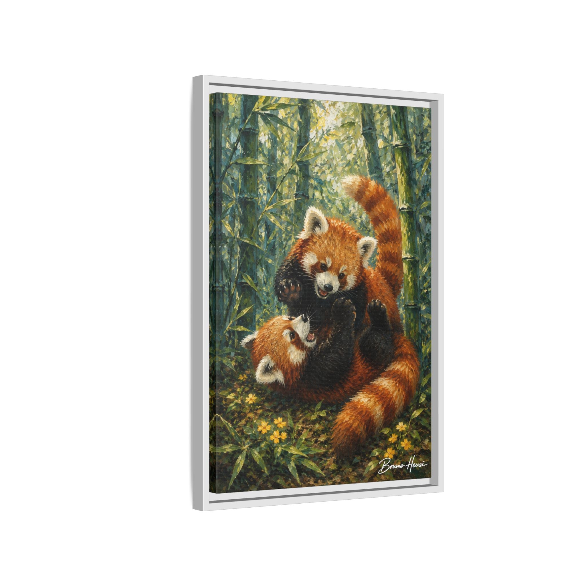 Red Panda Playtime Framed Canvas Wall Art — Playful Wildlife Print