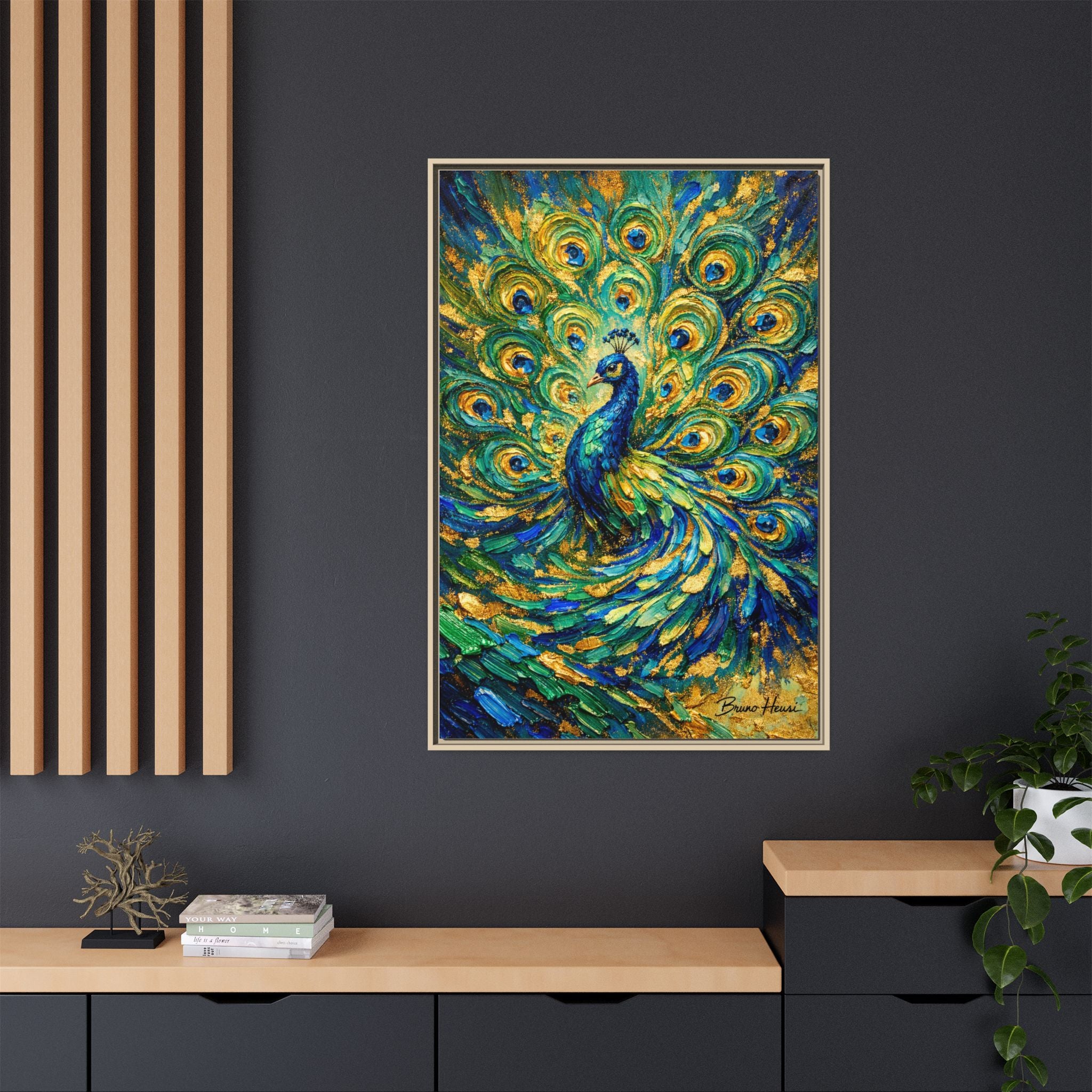 Peacock Oil-Style Framed Canvas Wall Art — Vibrant Blue & Gold Peacock Painting