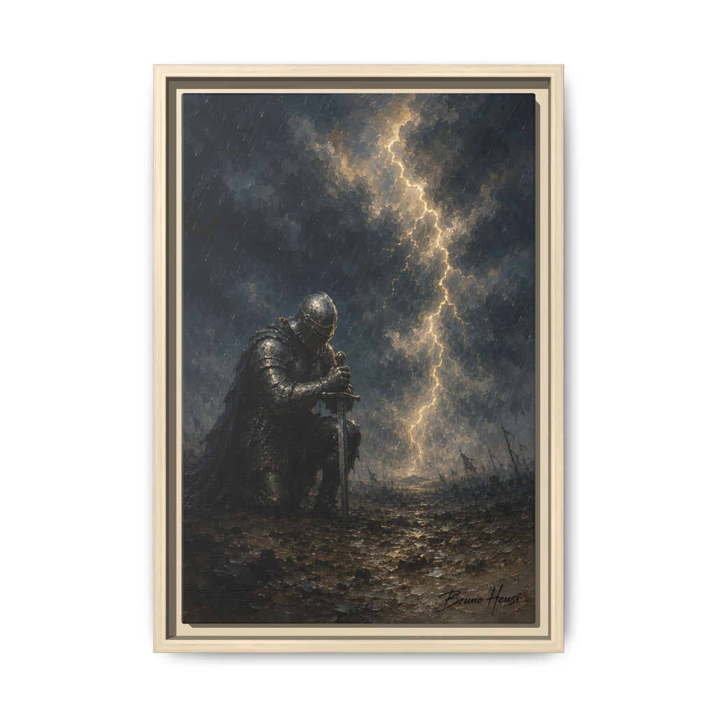 Knight in Thunderstorm Matte Framed Canvas — Dark Fantasy Wall Art