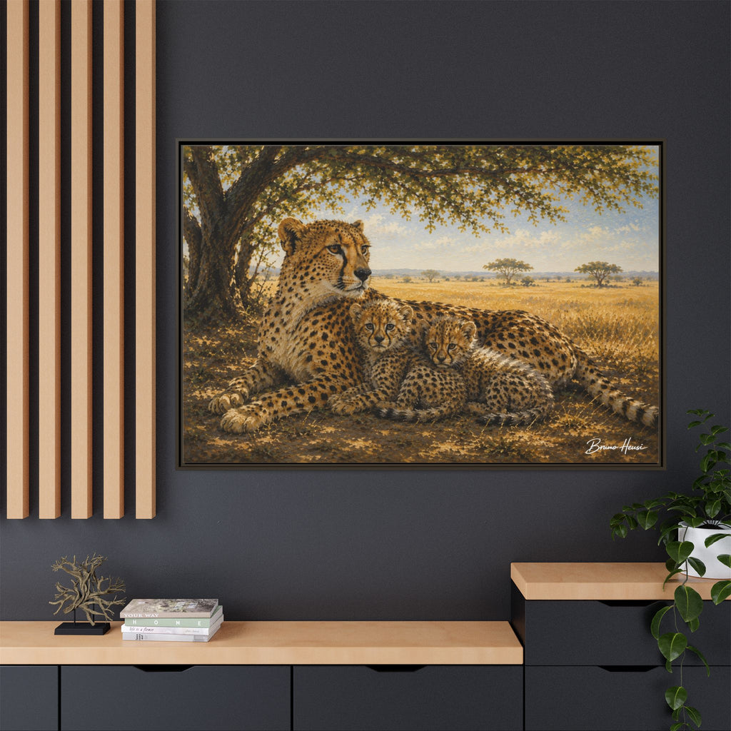 Cheetah Mother & Cubs Framed Canvas Wall Art – African Wildlife Safari Print