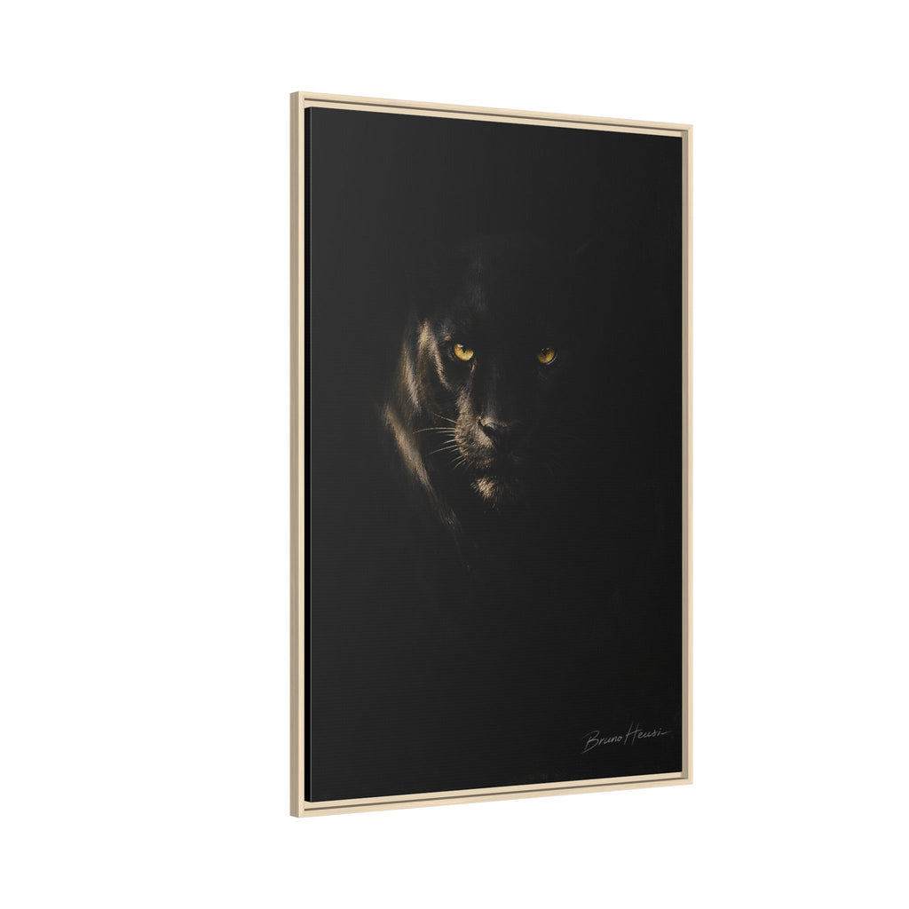Framed Matte Canvas - Black Panther Wall Art with Golden Eyes