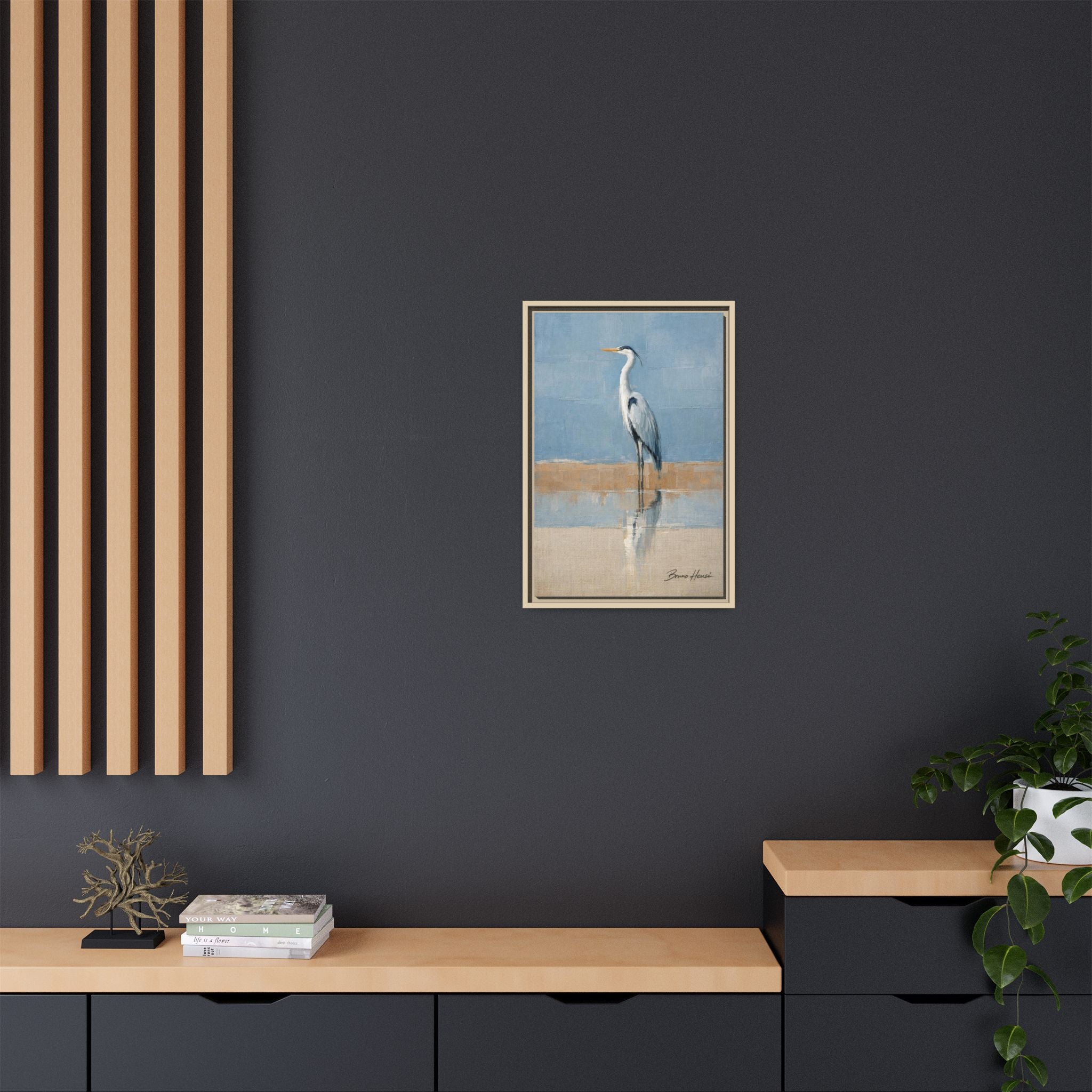 Framed Heron Canvas Art – Coastal Shorebird Wall Decor