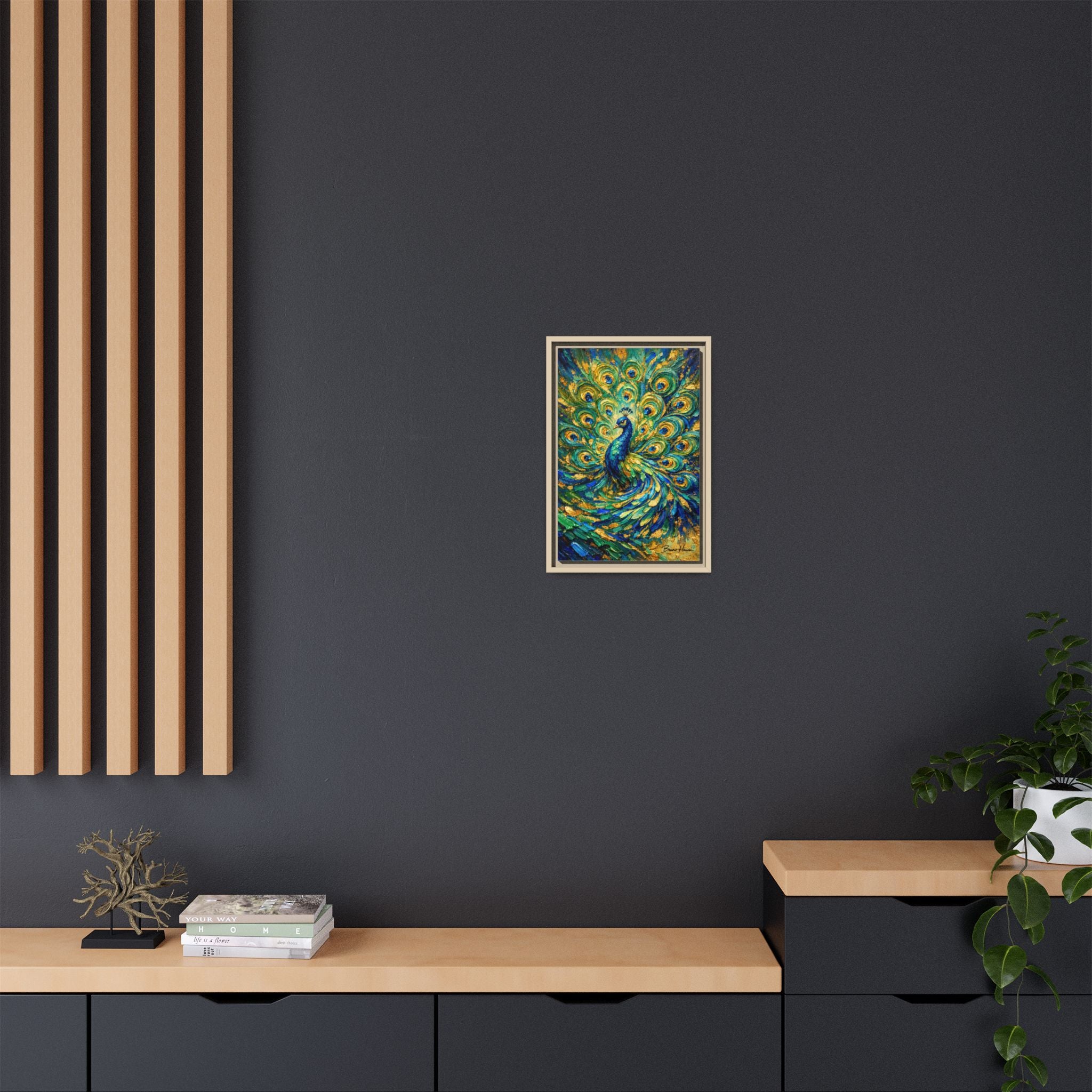 Peacock Oil-Style Framed Canvas Wall Art — Vibrant Blue & Gold Peacock Painting