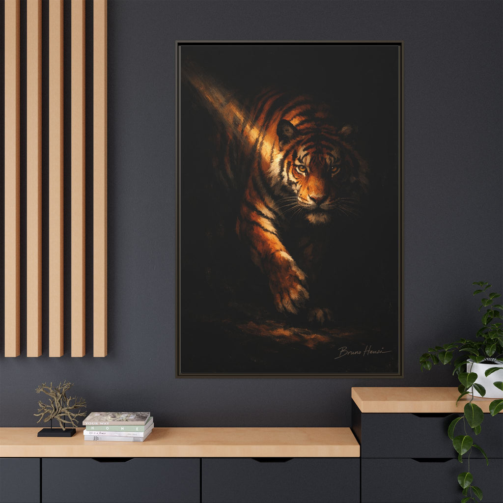 Tiger in the Shadows Matte Framed Canvas Print — Dramatic Wildlife Wall Art