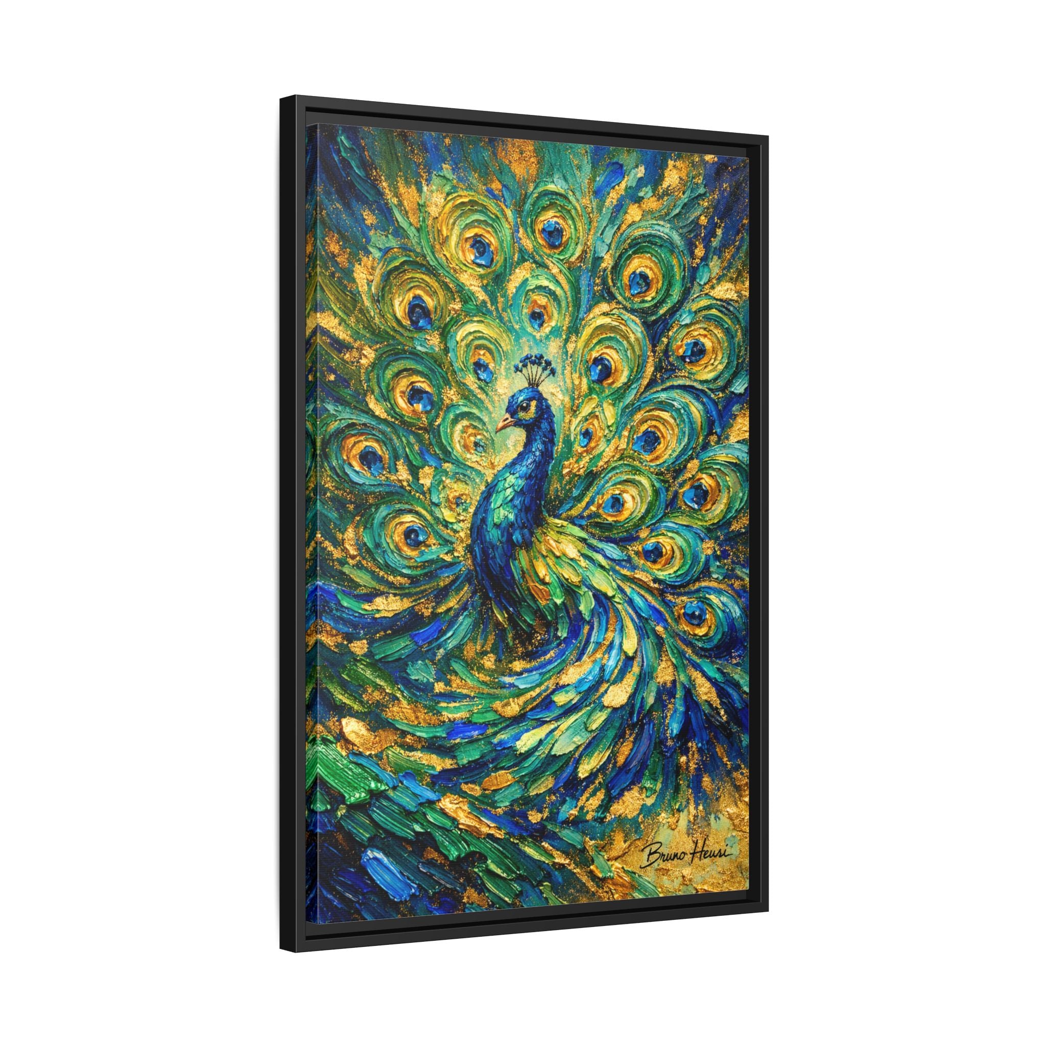 Peacock Oil-Style Framed Canvas Wall Art — Vibrant Blue & Gold Peacock Painting