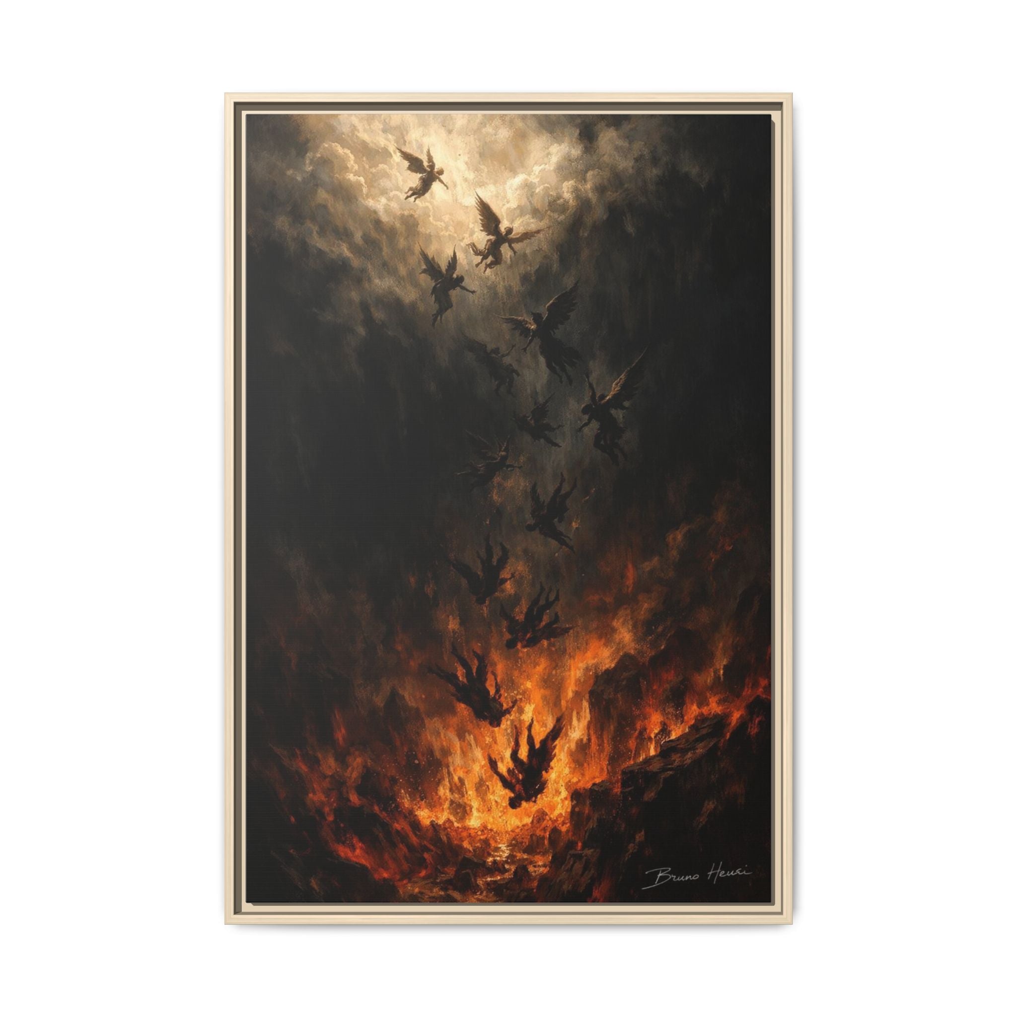 Falling Angels Matte Framed Canvas Print — Dark Fantasy Wall Art