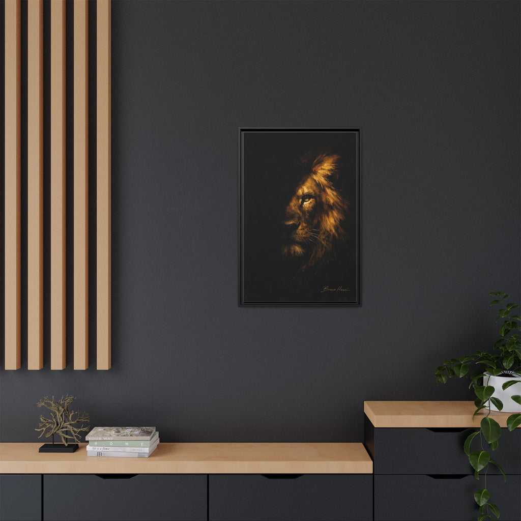Majestic Lion Portrait Framed Canvas Wall Art — Golden Mane on Black Matte Print