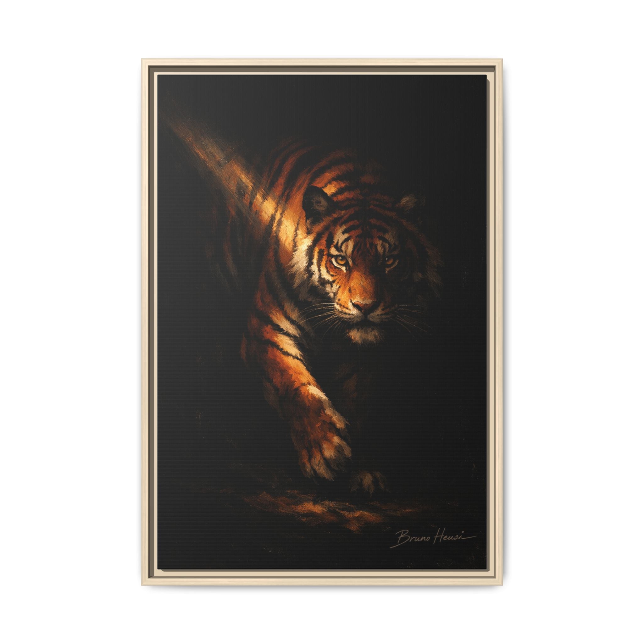 Tiger in the Shadows Matte Framed Canvas Print — Dramatic Wildlife Wall Art