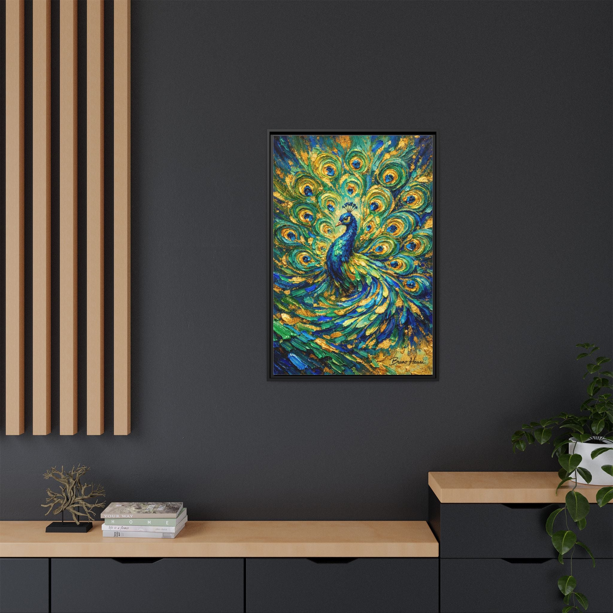 Peacock Oil-Style Framed Canvas Wall Art — Vibrant Blue & Gold Peacock Painting