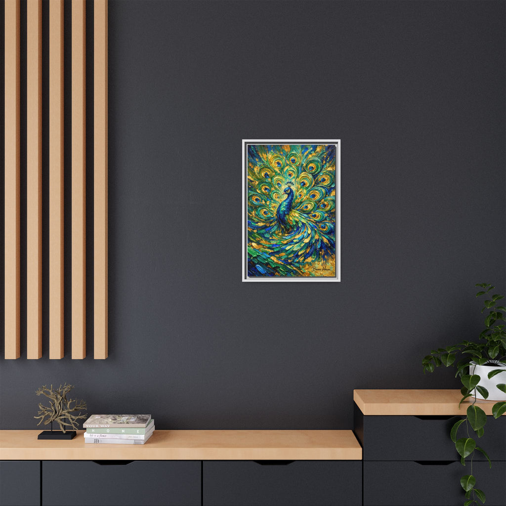 Peacock Oil-Style Framed Canvas Wall Art — Vibrant Blue & Gold Peacock Painting