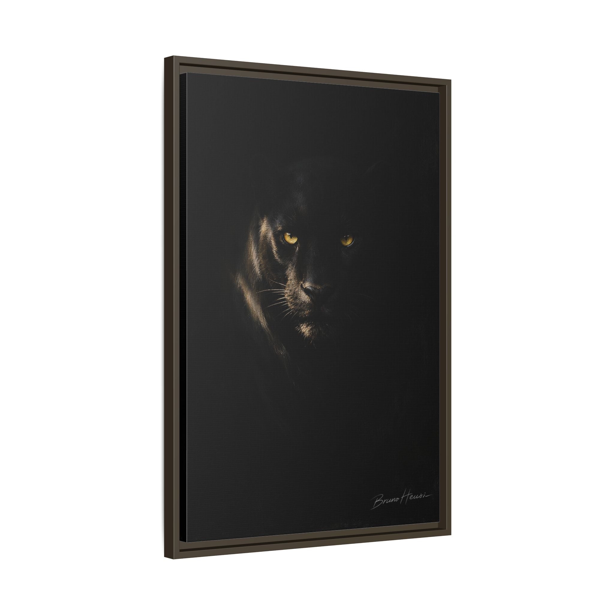 Framed Matte Canvas - Black Panther Wall Art with Golden Eyes