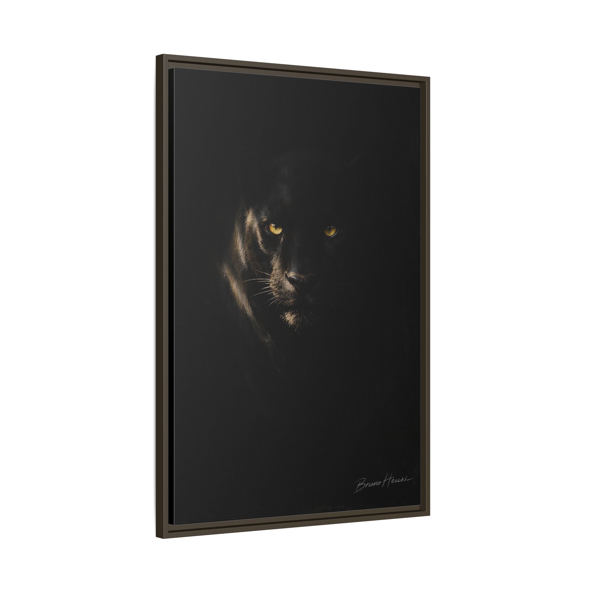 Framed Matte Canvas - Black Panther Wall Art with Golden Eyes