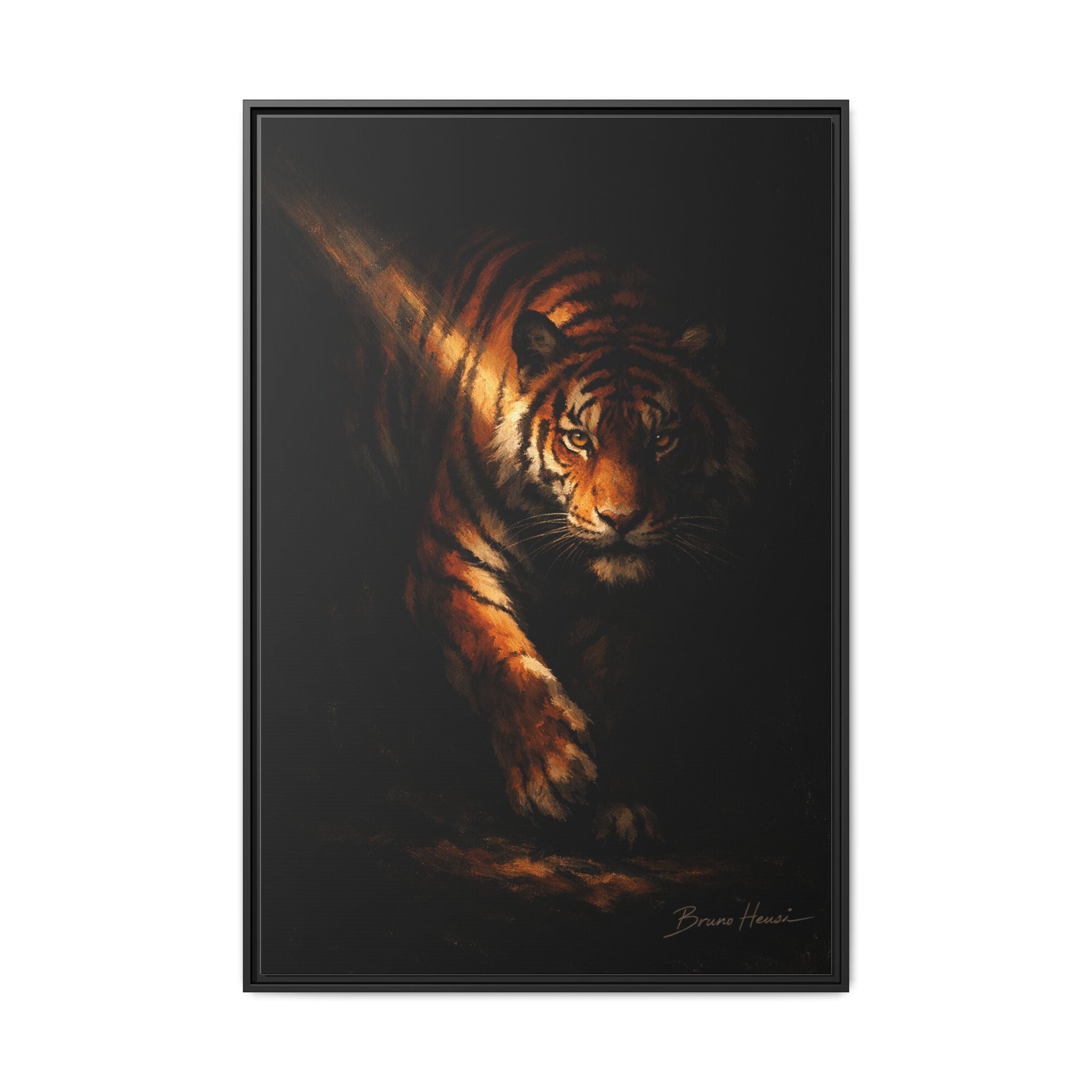 Tiger in the Shadows Matte Framed Canvas Print — Dramatic Wildlife Wall Art