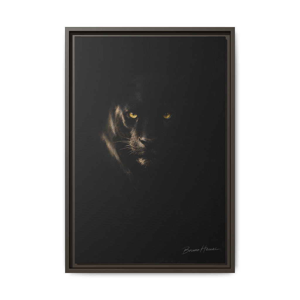 Framed Matte Canvas - Black Panther Wall Art with Golden Eyes