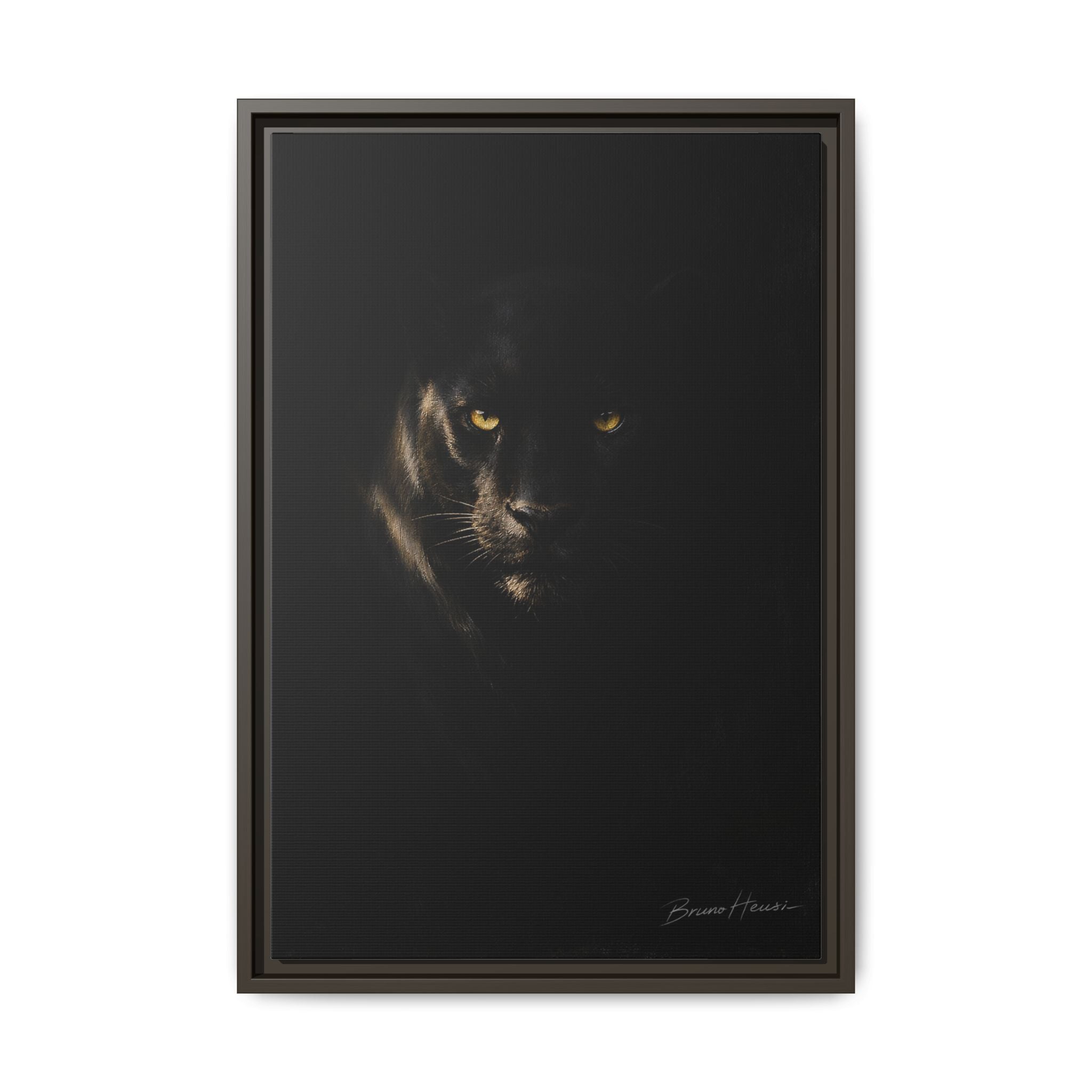 Framed Matte Canvas - Black Panther Wall Art with Golden Eyes