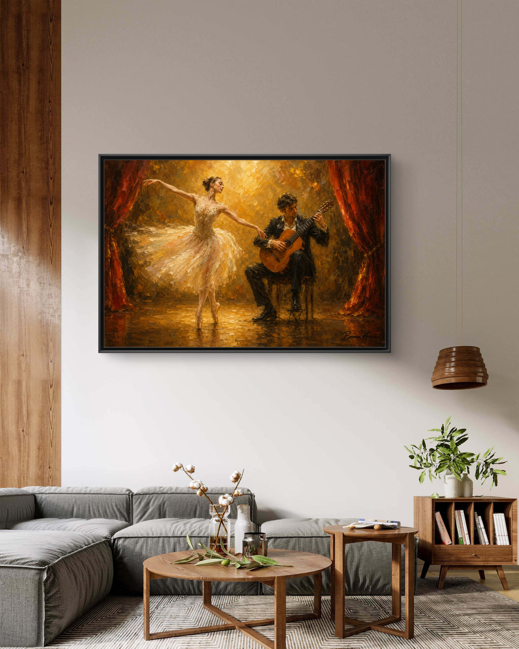 Ballet Dancer & Guitarist Framed Canvas Wall Art — Oil-Style Performance Print