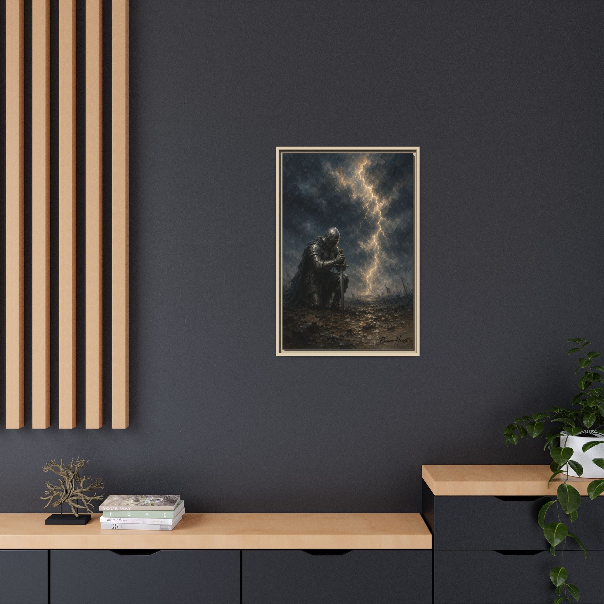 Knight in Thunderstorm Matte Framed Canvas — Dark Fantasy Wall Art