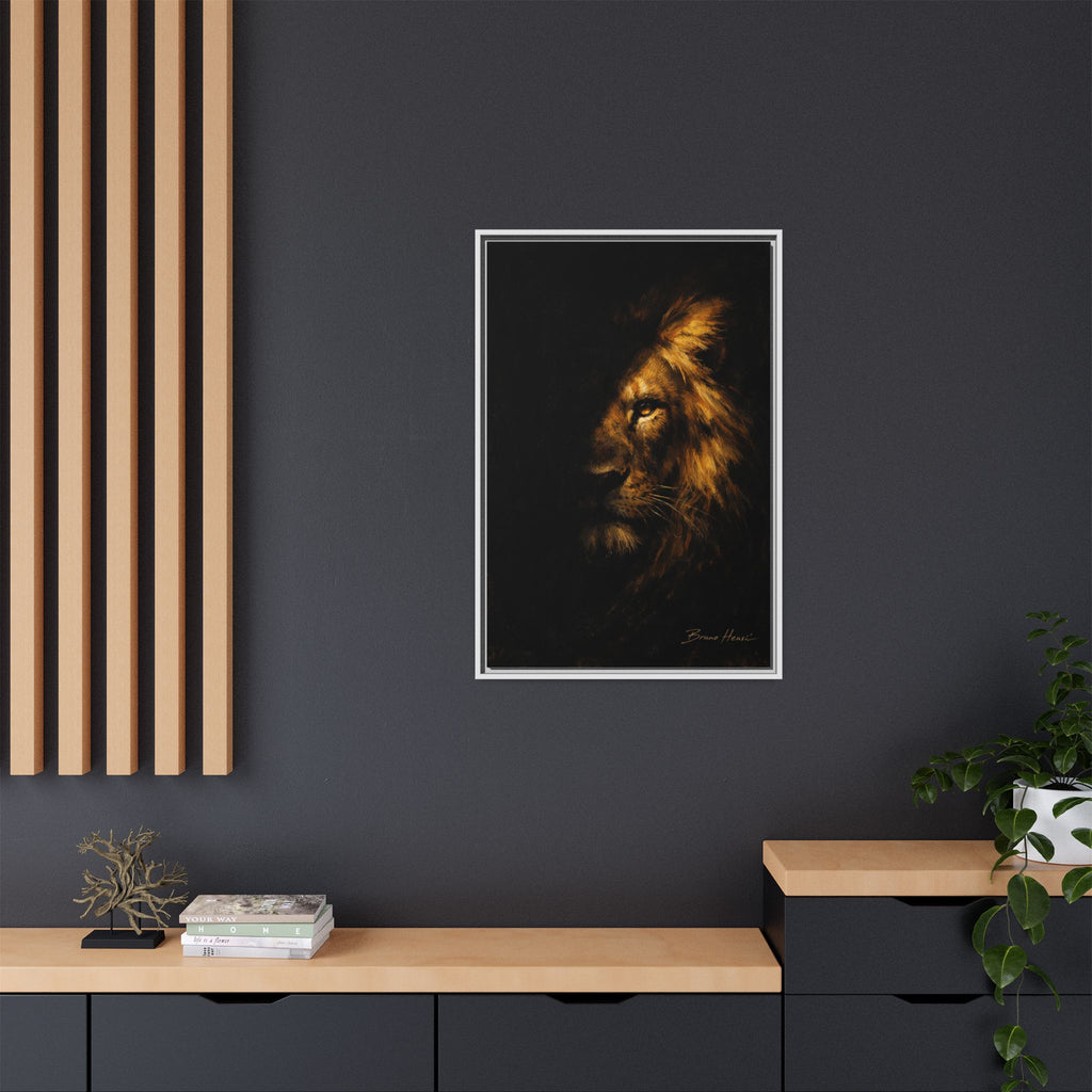 Majestic Lion Portrait Framed Canvas Wall Art — Golden Mane on Black Matte Print
