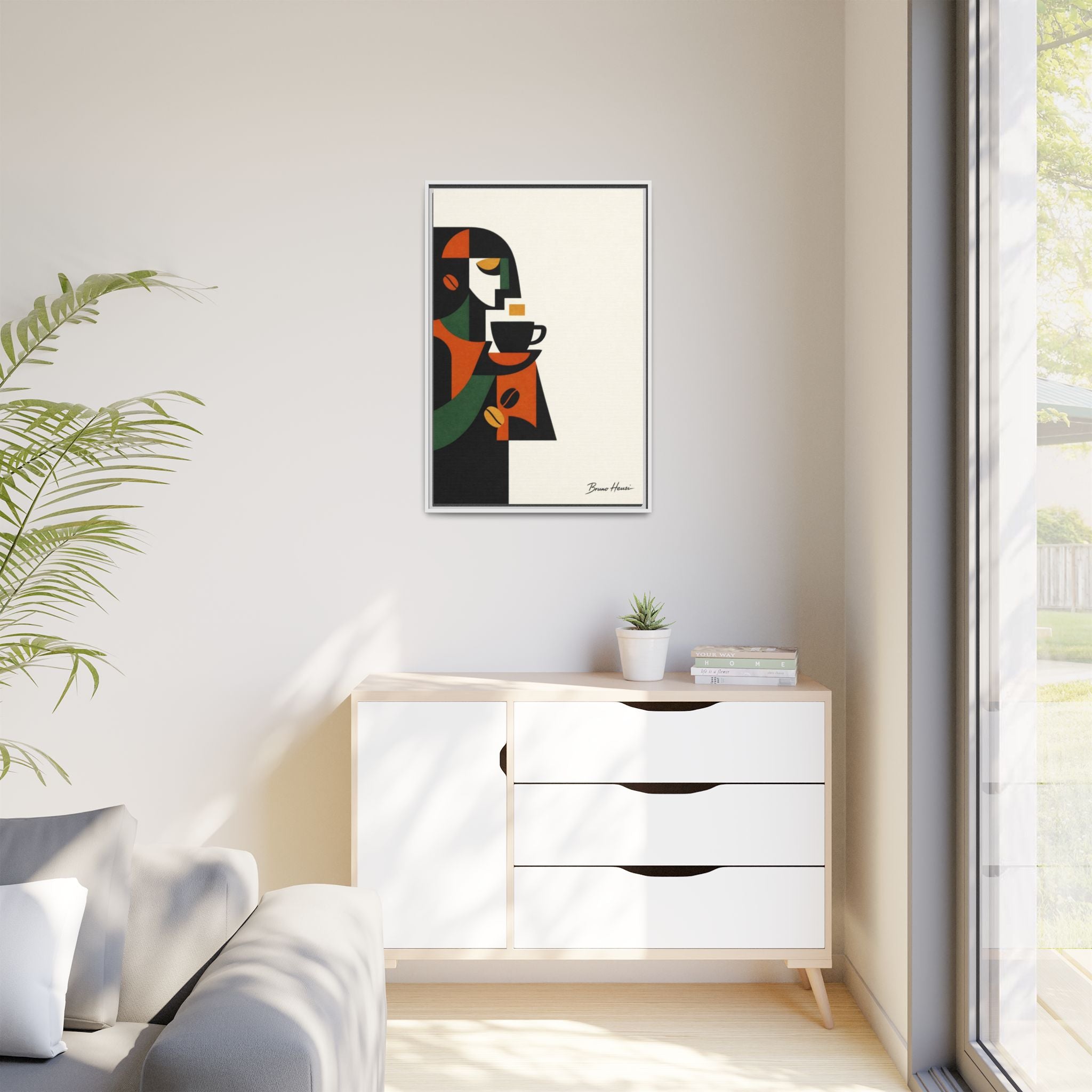 Abstract Coffee Drinker Framed Canvas Print — Modern Café Wall Art
