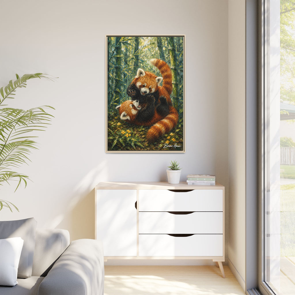 Red Panda Playtime Framed Canvas Wall Art — Playful Wildlife Print
