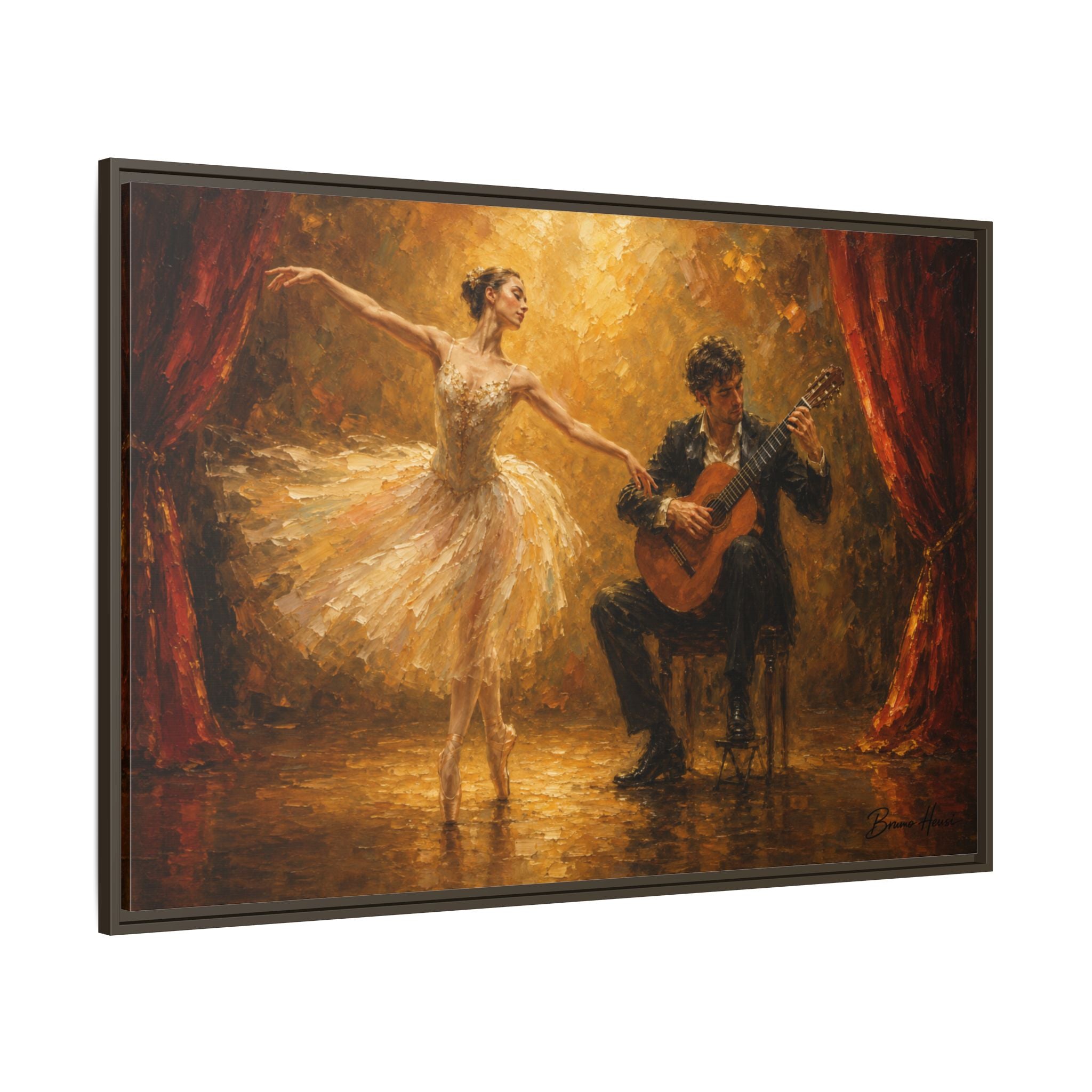 Ballet Dancer & Guitarist Framed Canvas Wall Art — Oil-Style Performance Print