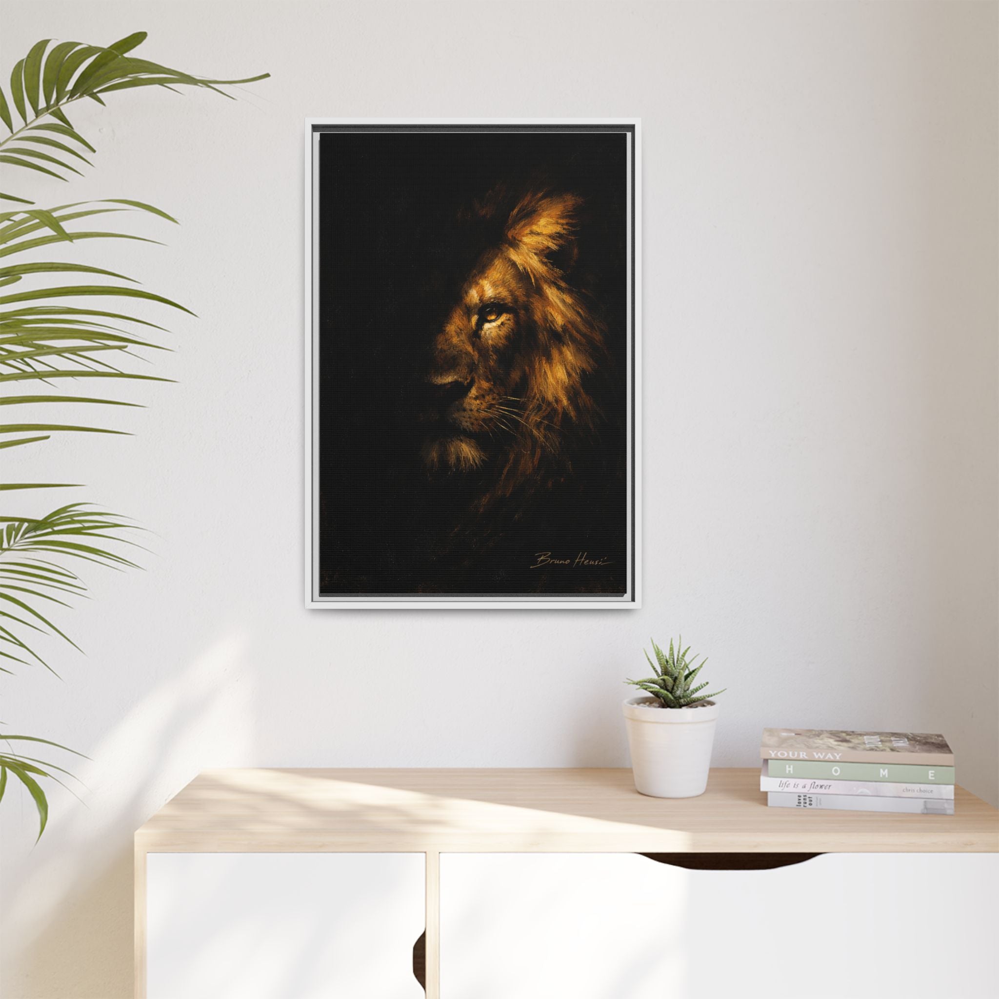 Majestic Lion Portrait Framed Canvas Wall Art — Golden Mane on Black Matte Print