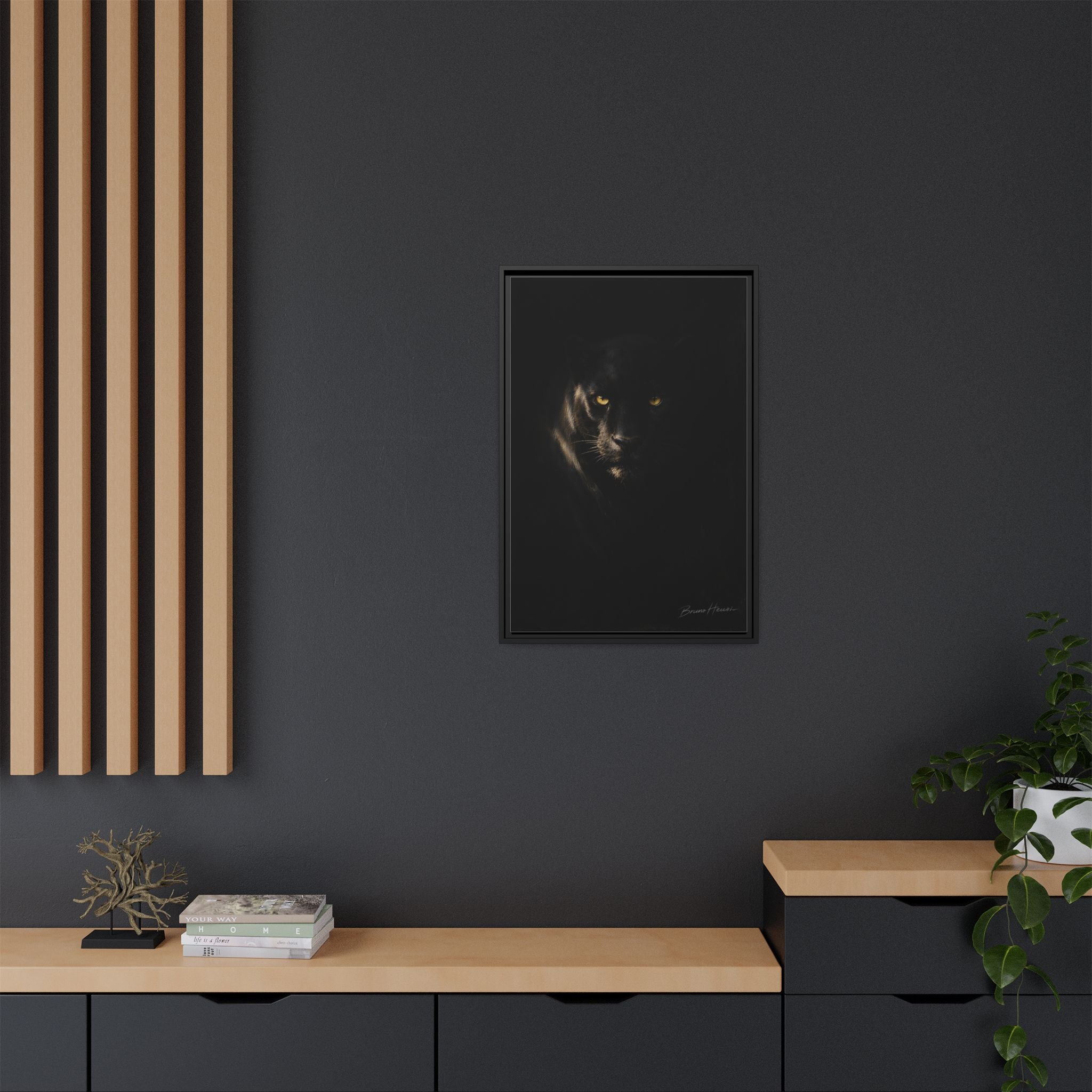 Framed Matte Canvas - Black Panther Wall Art with Golden Eyes