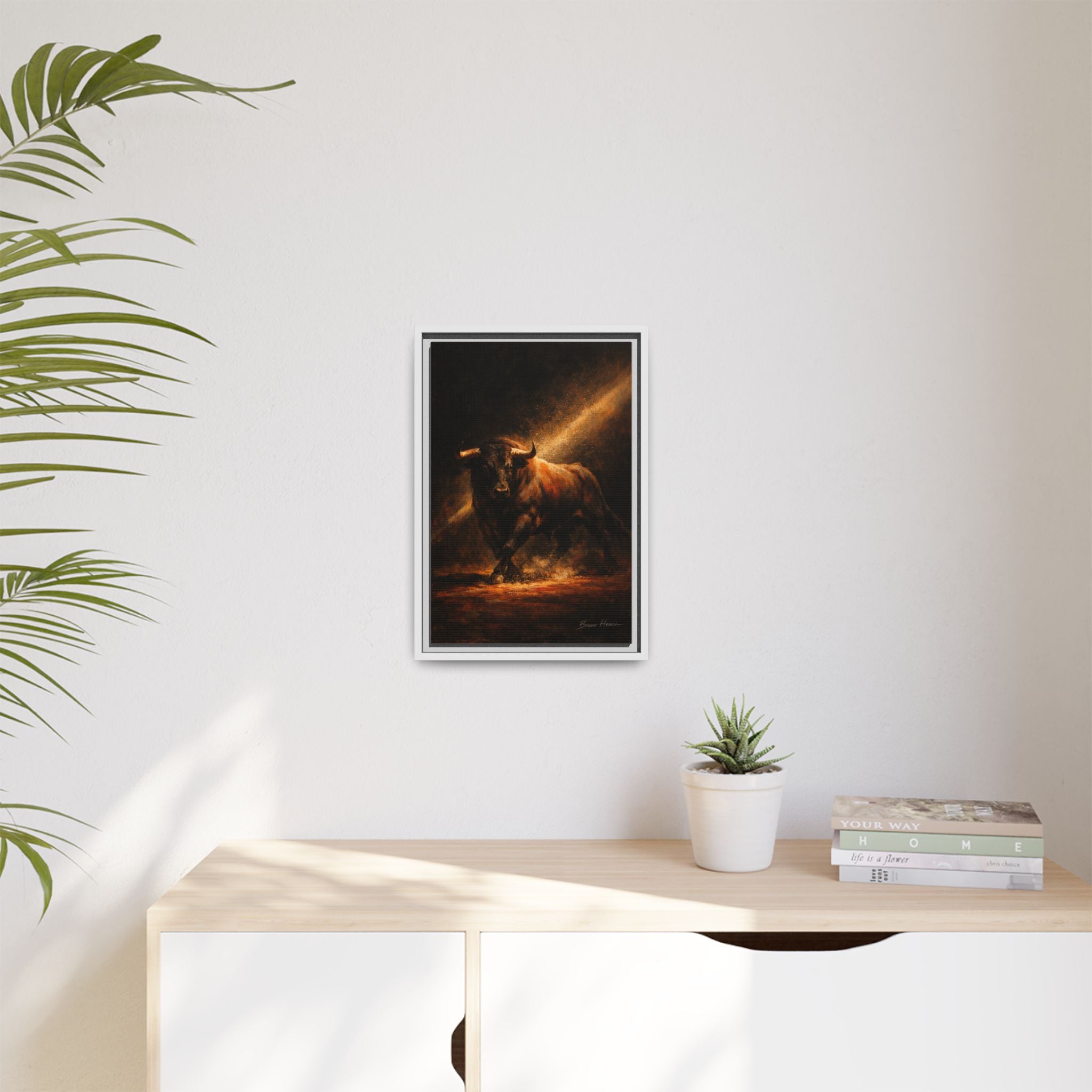 Framed Matte Canvas Art - Dramatic Charging Bull Painting
