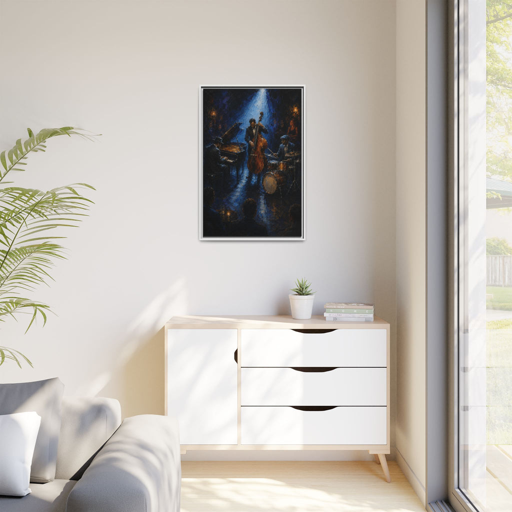 Framed Jazz Quartet Canvas Wall Art – Moody Blue Music Scene