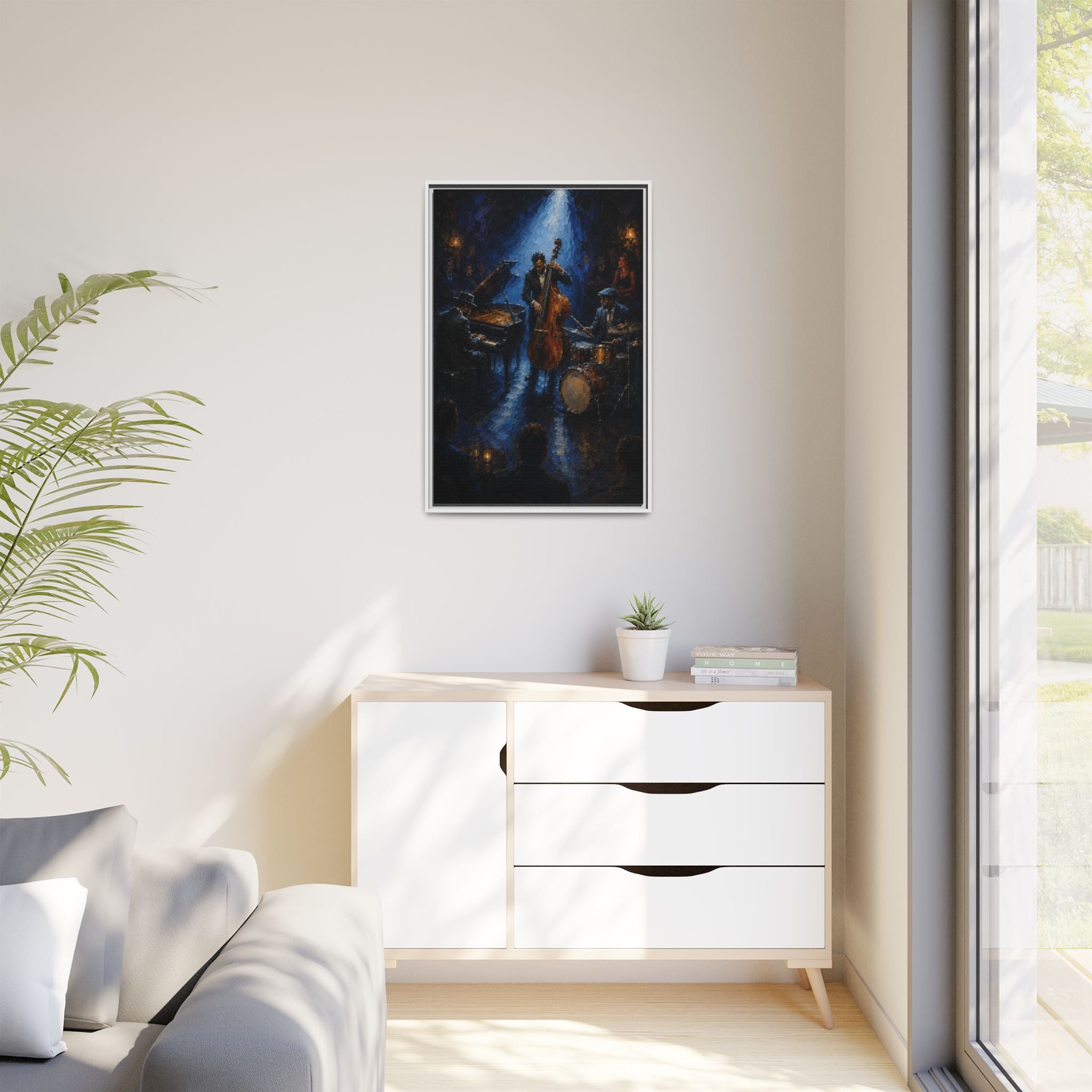 Framed Jazz Quartet Canvas Wall Art – Moody Blue Music Scene