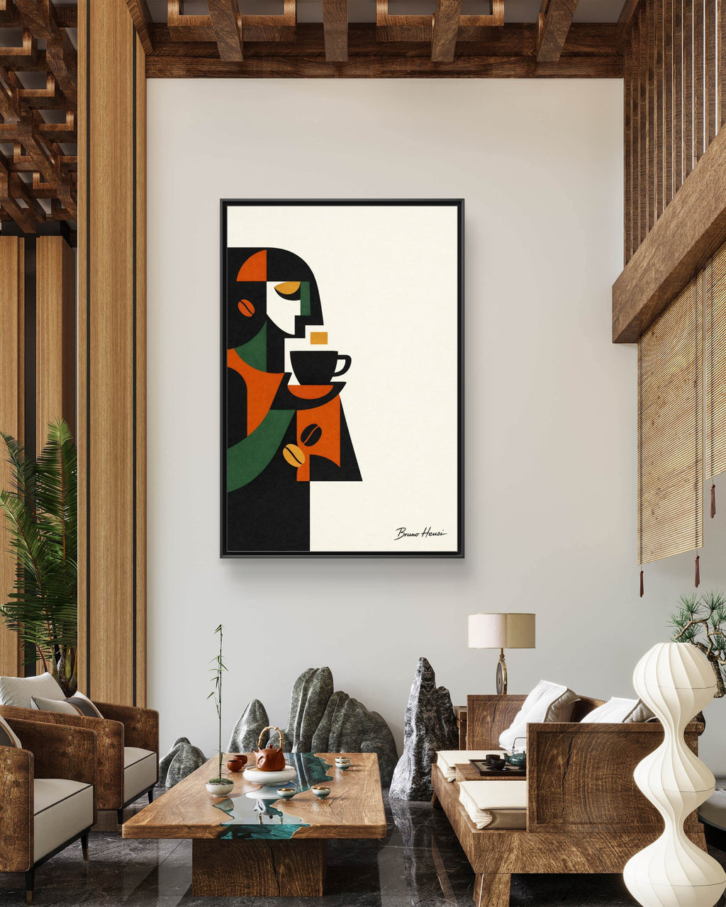 Abstract Coffee Drinker Framed Canvas Print — Modern Café Wall Art
