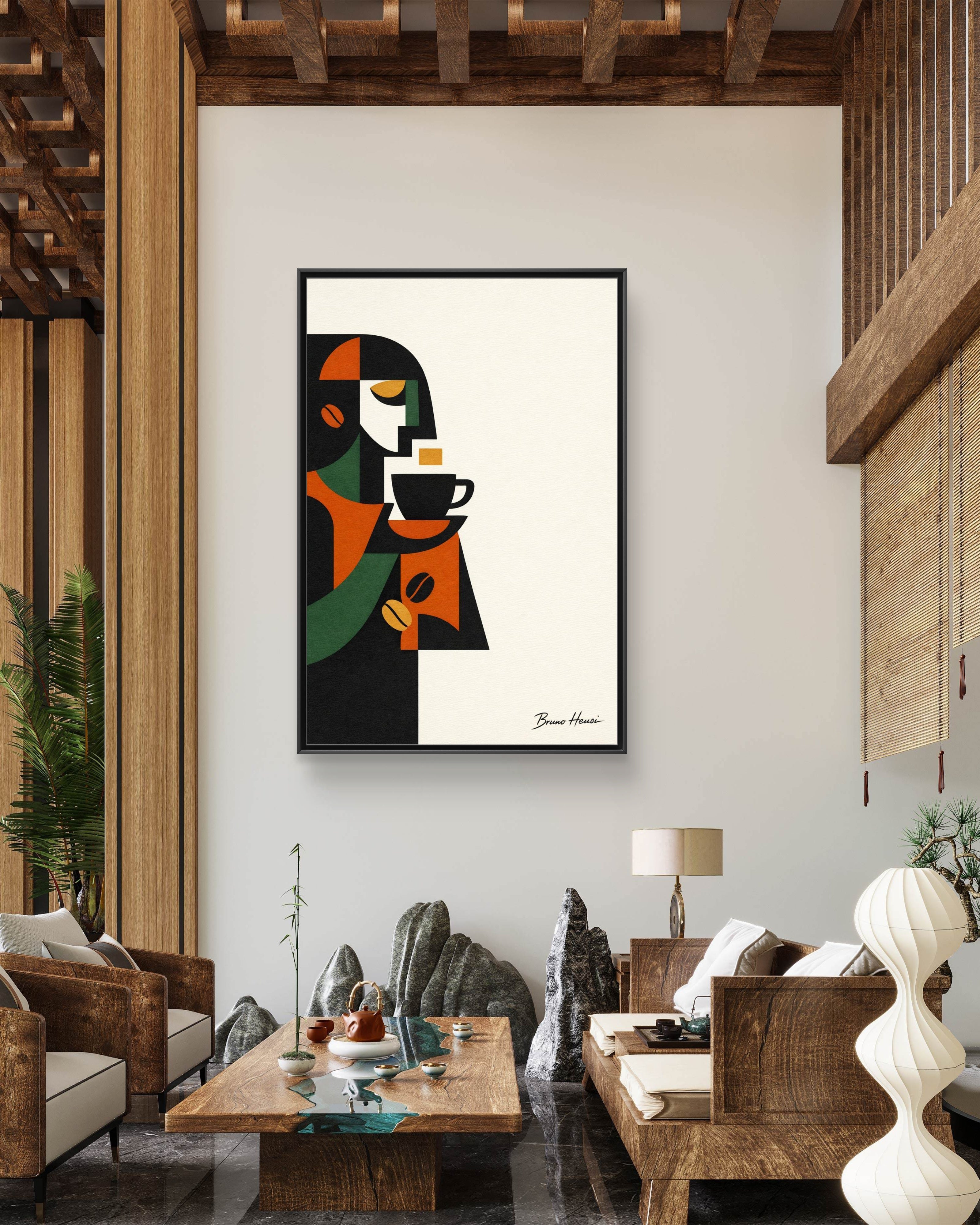 Abstract Coffee Drinker Framed Canvas Print — Modern Café Wall Art
