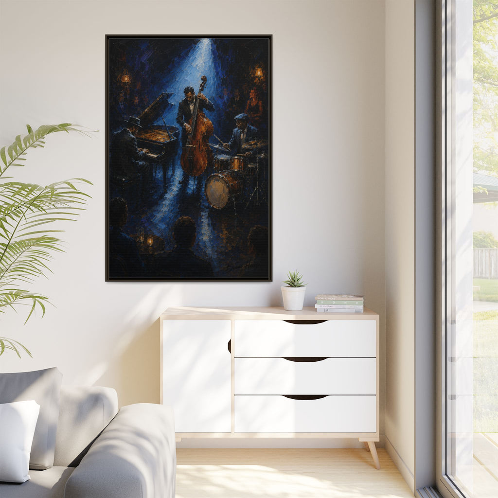 Framed Jazz Quartet Canvas Wall Art – Moody Blue Music Scene