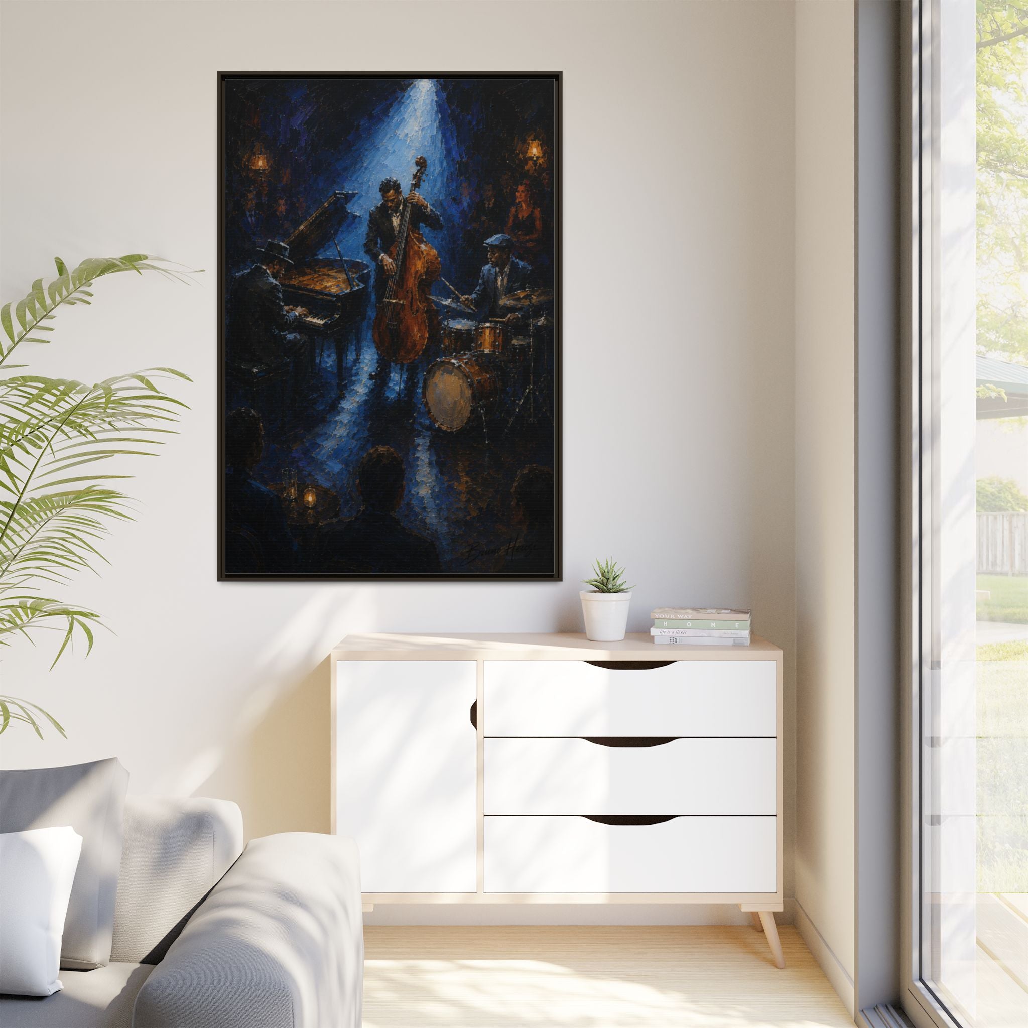 Framed Jazz Quartet Canvas Wall Art – Moody Blue Music Scene
