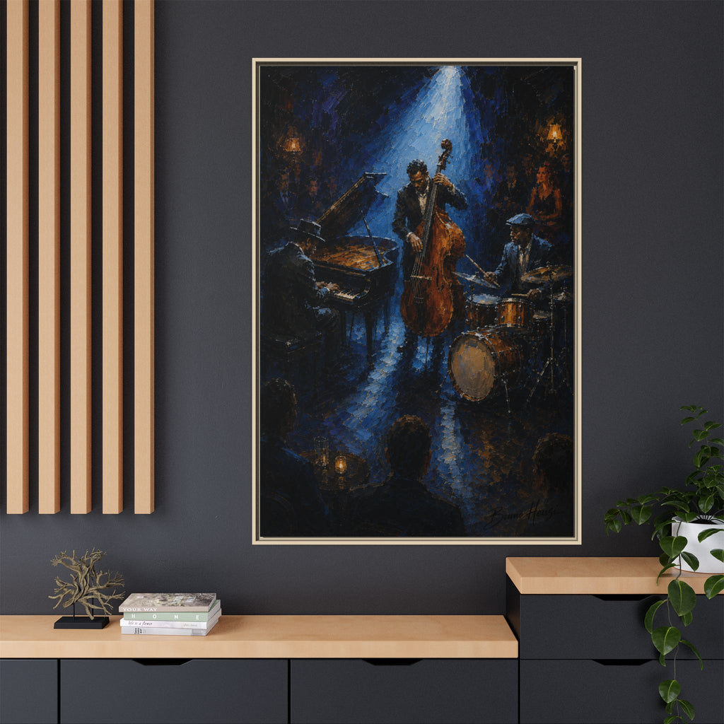 Framed Jazz Quartet Canvas Wall Art – Moody Blue Music Scene