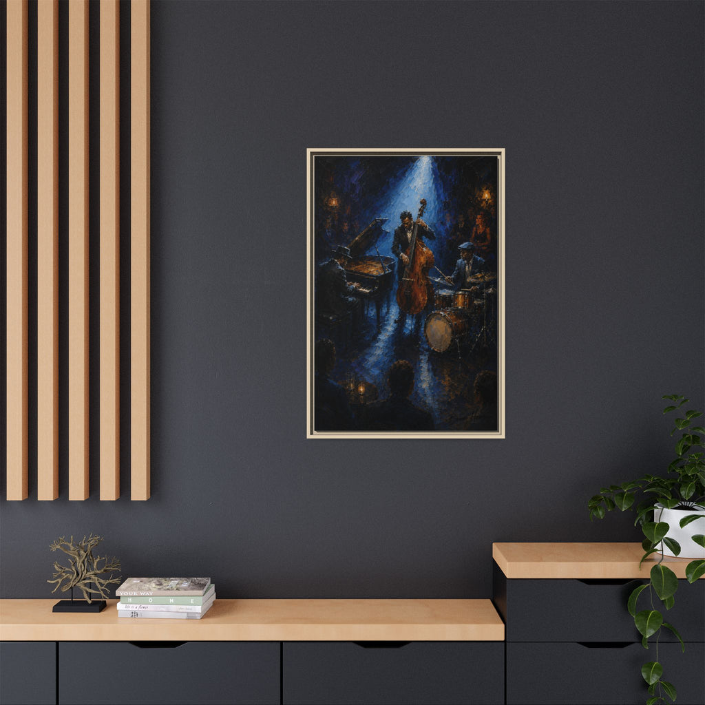 Framed Jazz Quartet Canvas Wall Art – Moody Blue Music Scene