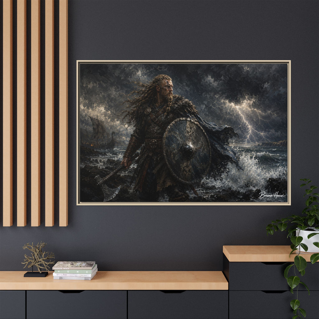 Viking Warrior Matte Framed Canvas Print — Stormy Norse Shield and Axe Wall Art