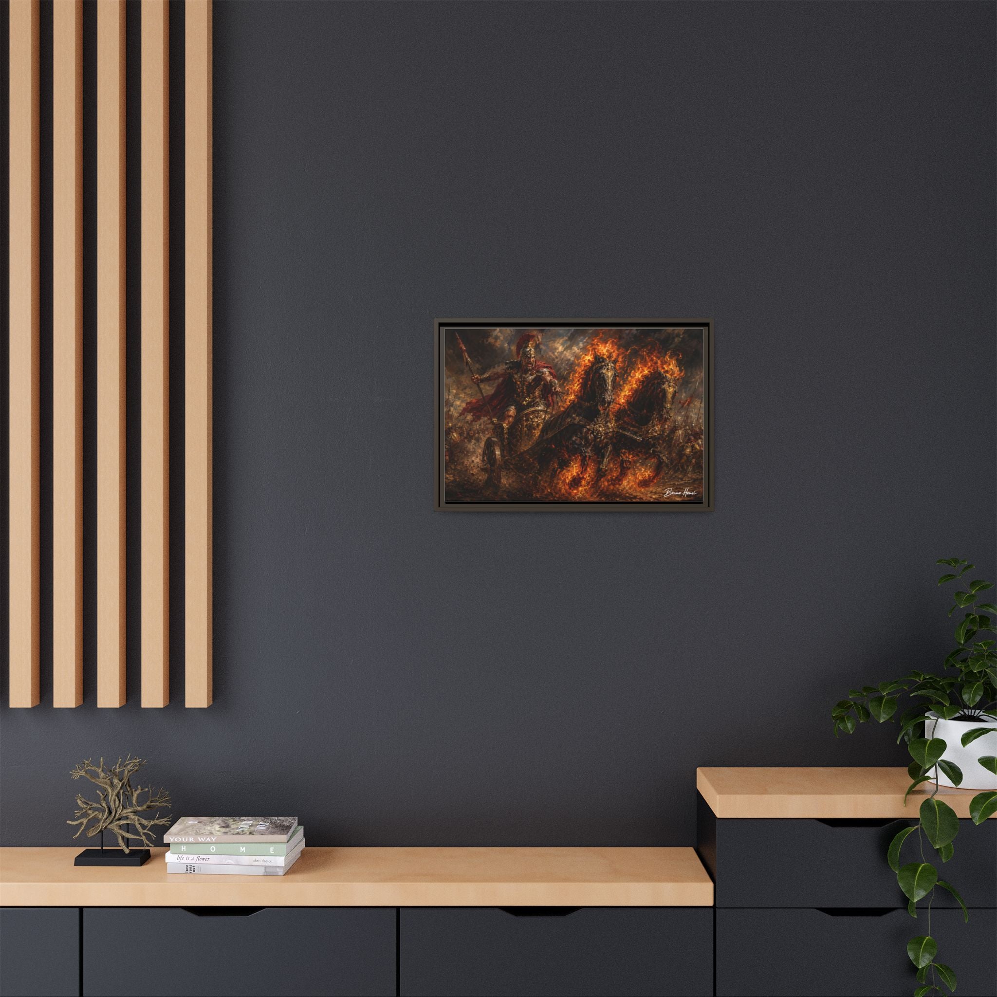 Flaming Chariot Framed Canvas Wall Art — Mythic Warrior Matte Print