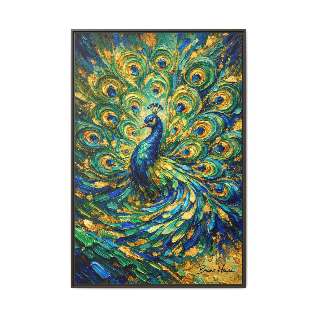 Peacock Oil-Style Framed Canvas Wall Art — Vibrant Blue & Gold Peacock Painting