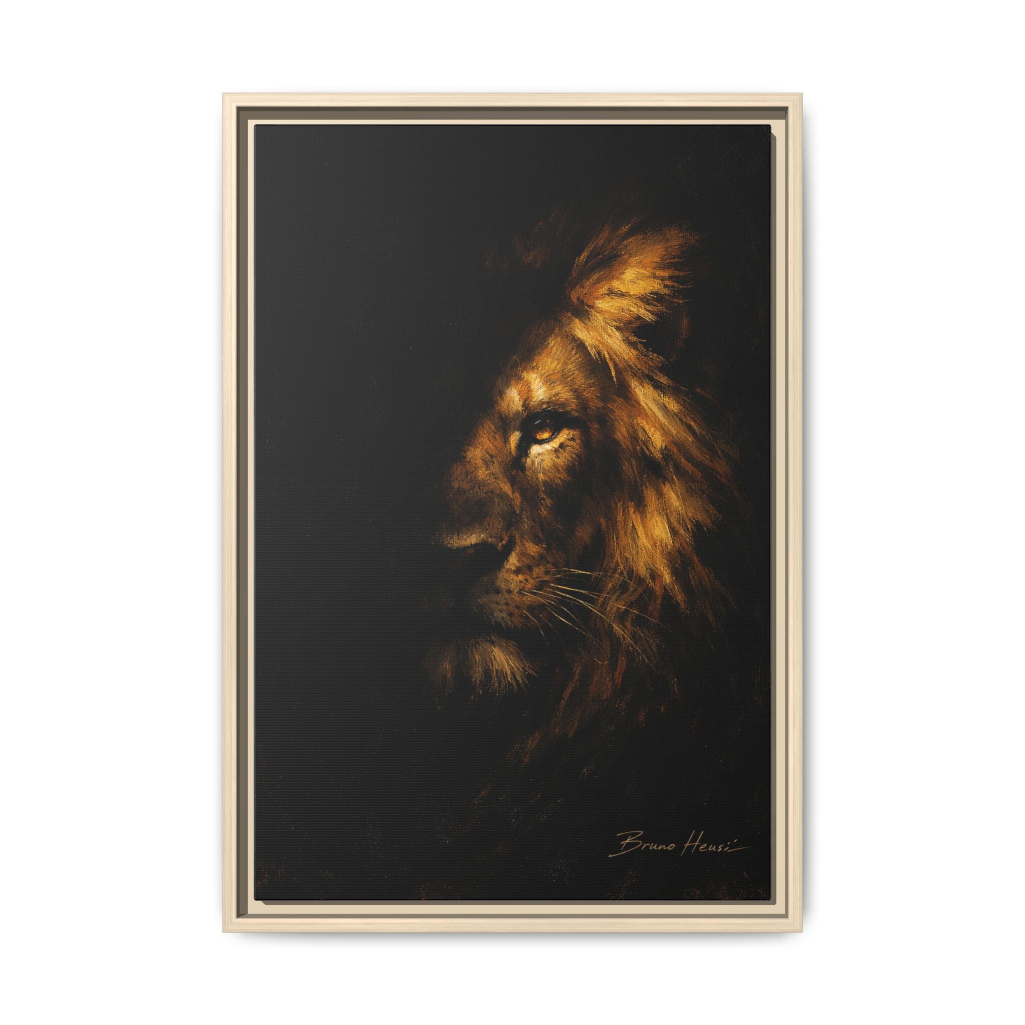 Majestic Lion Portrait Framed Canvas Wall Art — Golden Mane on Black Matte Print