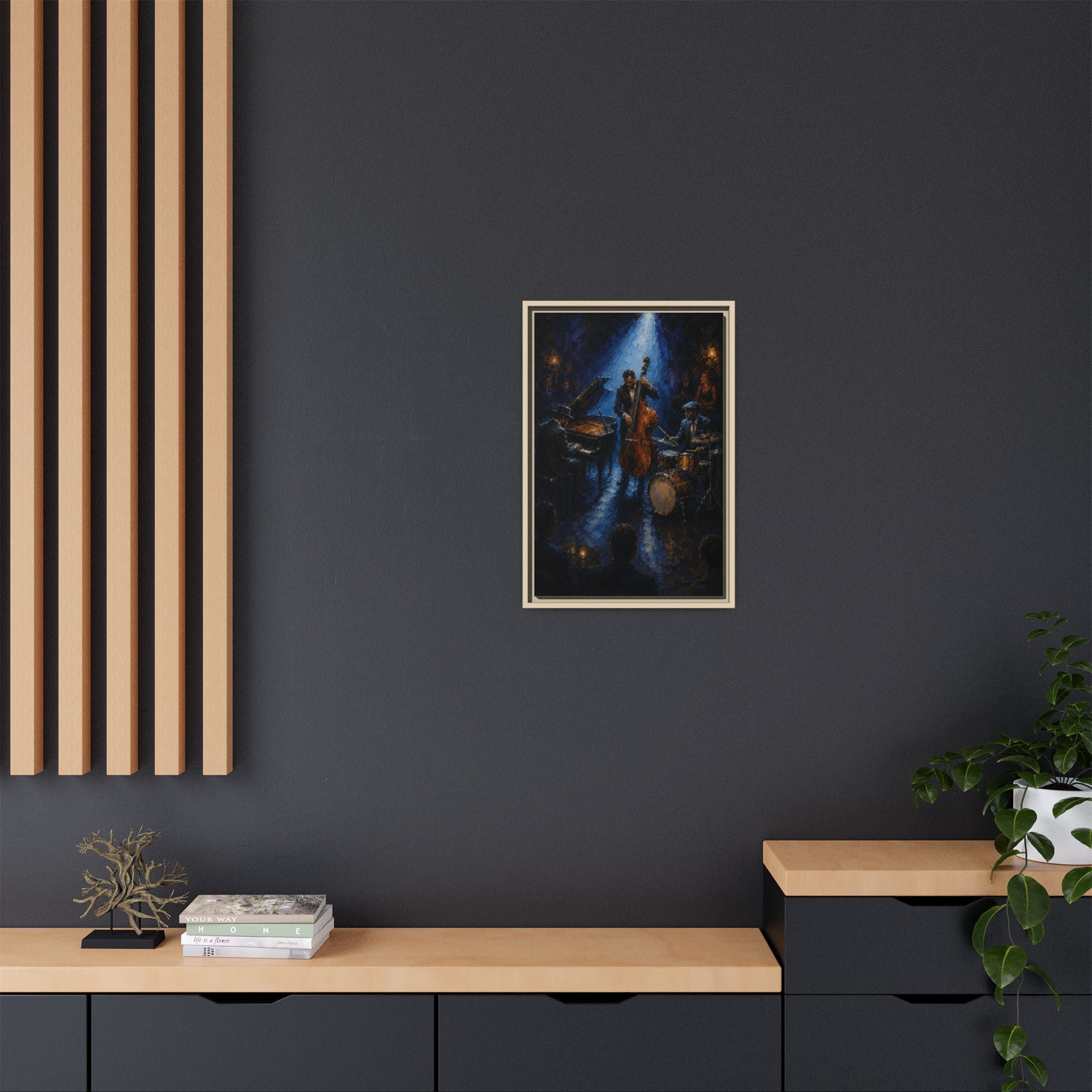 Framed Jazz Quartet Canvas Wall Art – Moody Blue Music Scene