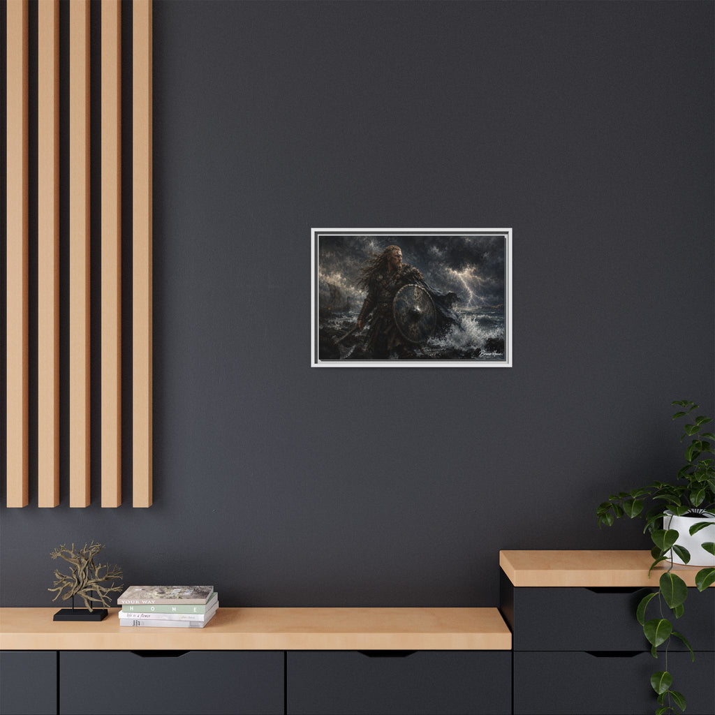 Viking Warrior Matte Framed Canvas Print — Stormy Norse Shield and Axe Wall Art
