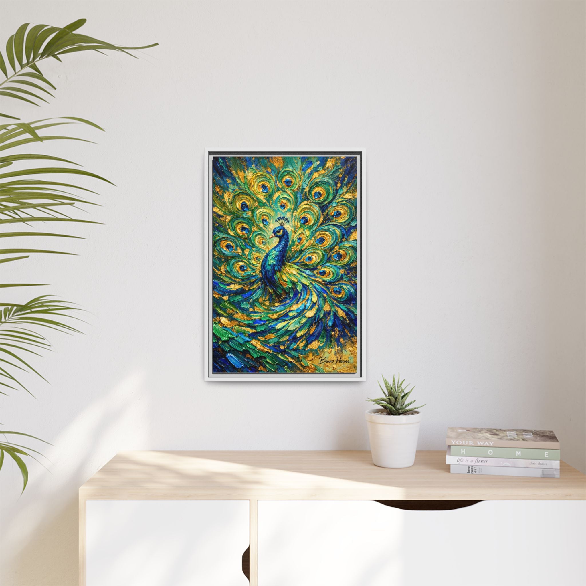Peacock Oil-Style Framed Canvas Wall Art — Vibrant Blue & Gold Peacock Painting