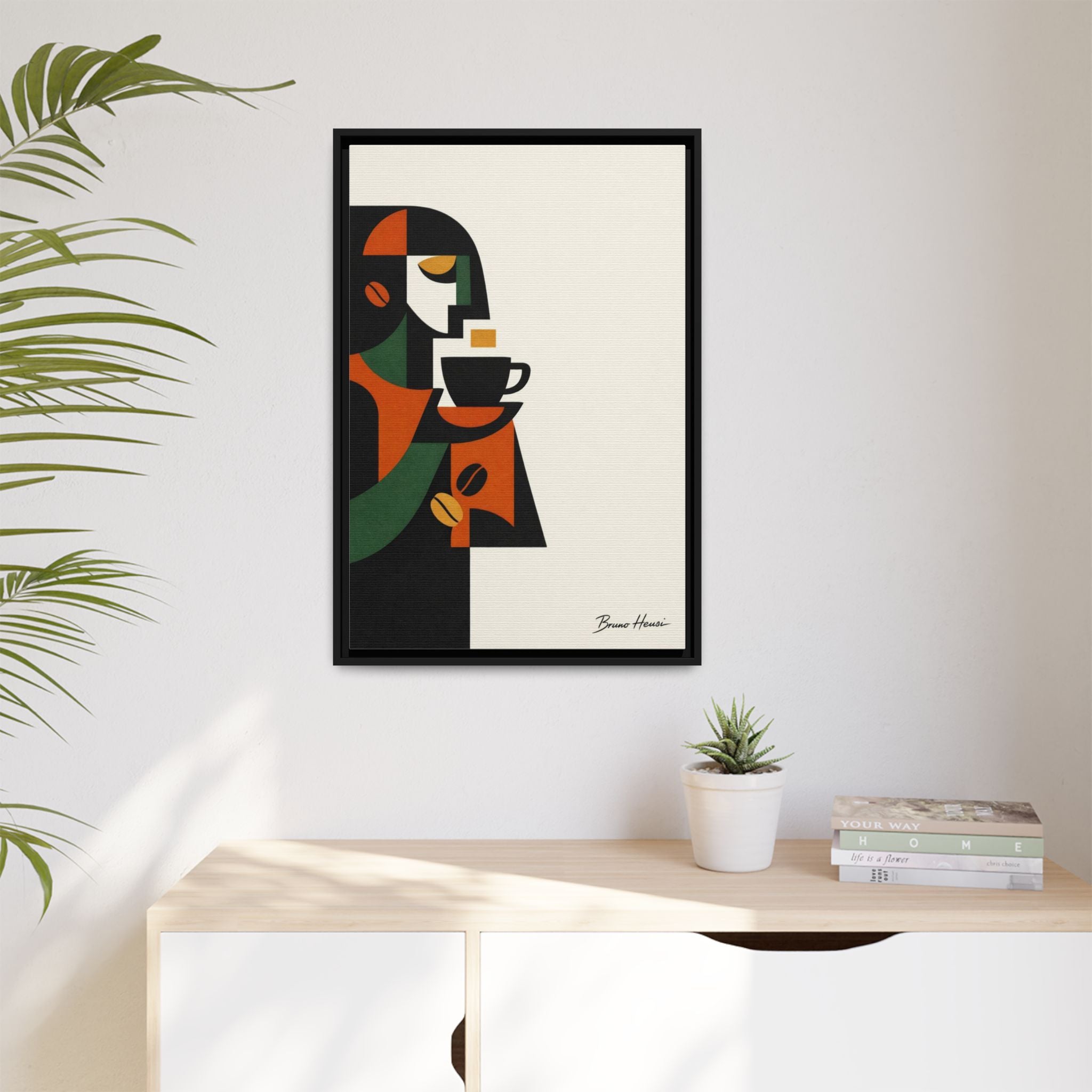 Abstract Coffee Drinker Framed Canvas Print — Modern Café Wall Art