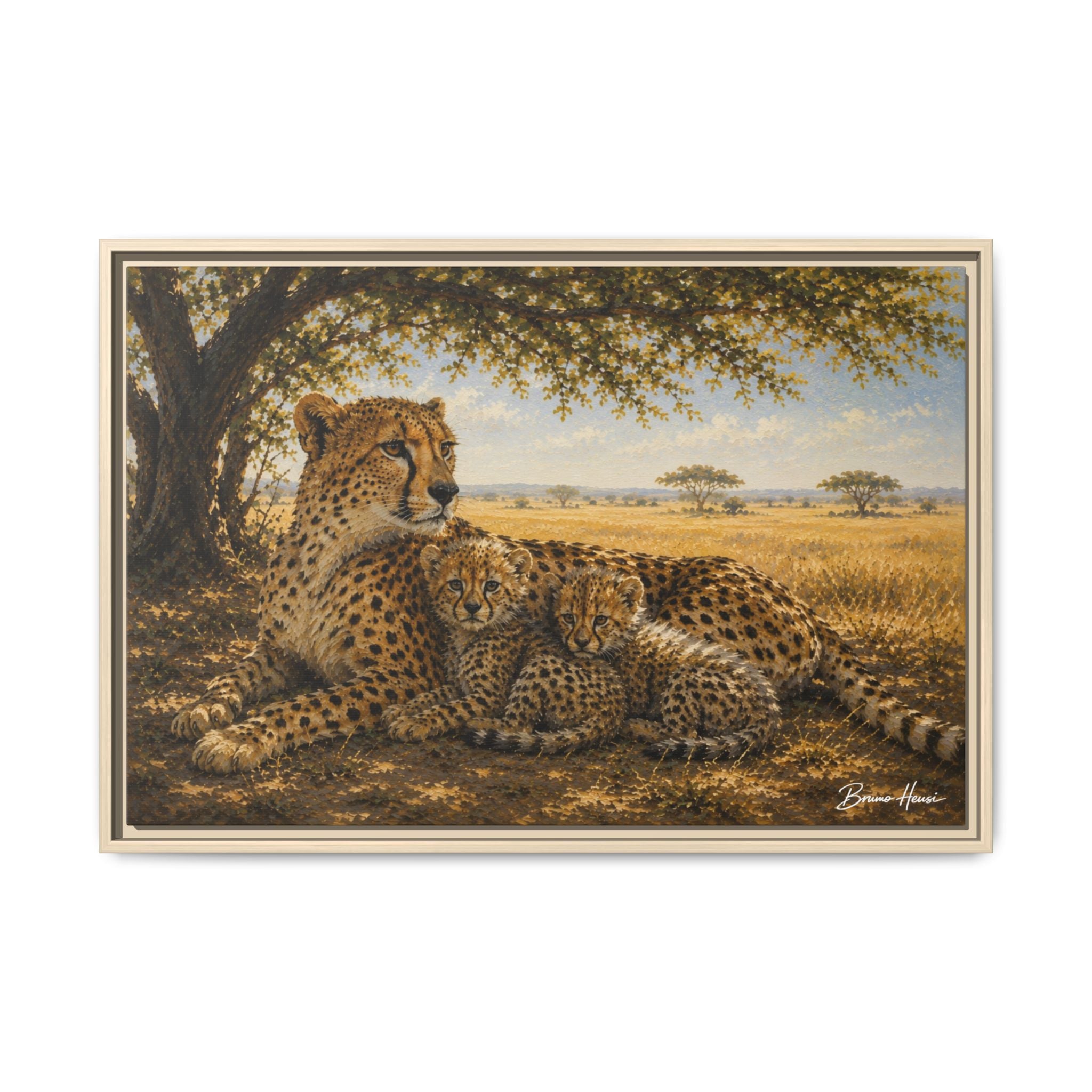Cheetah Mother & Cubs Framed Canvas Wall Art – African Wildlife Safari Print