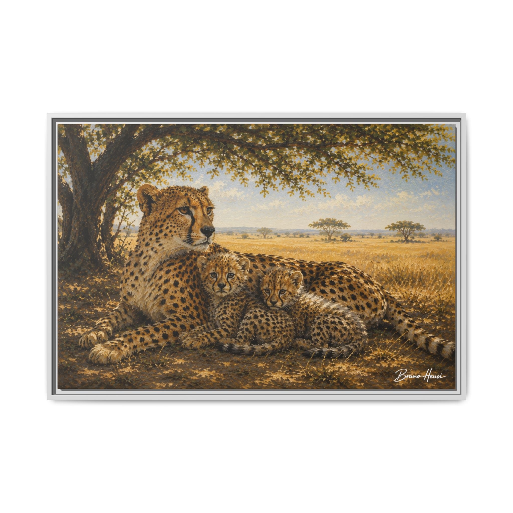 Cheetah Mother & Cubs Framed Canvas Wall Art – African Wildlife Safari Print