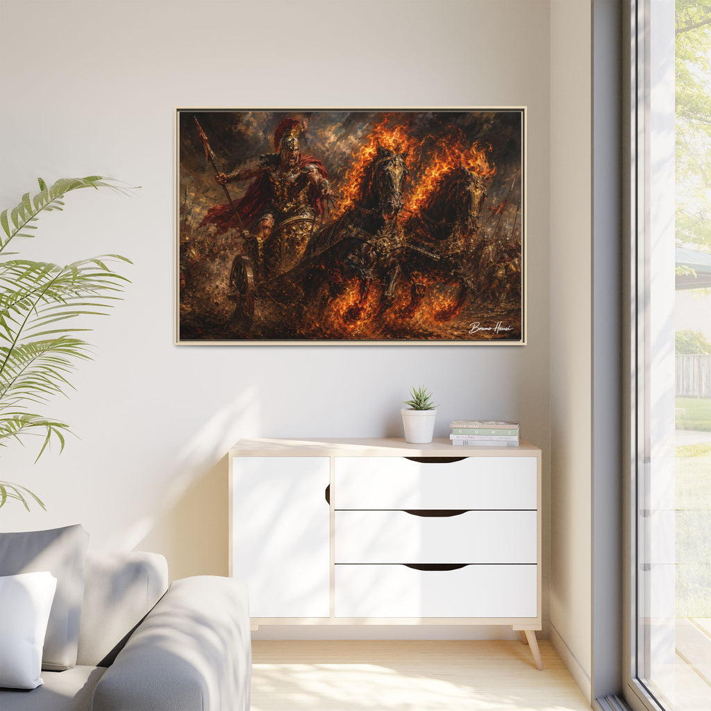 Flaming Chariot Framed Canvas Wall Art — Mythic Warrior Matte Print