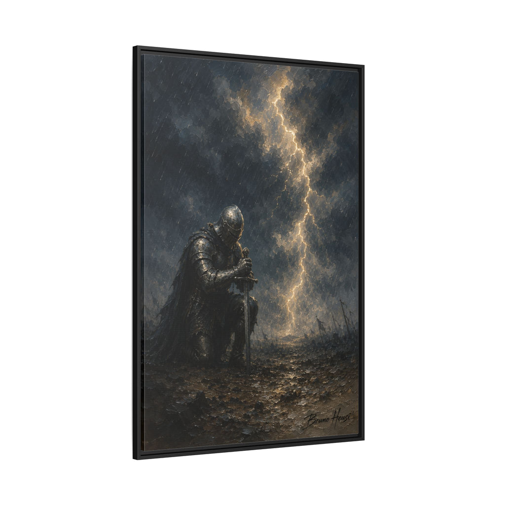 Knight in Thunderstorm Matte Framed Canvas — Dark Fantasy Wall Art