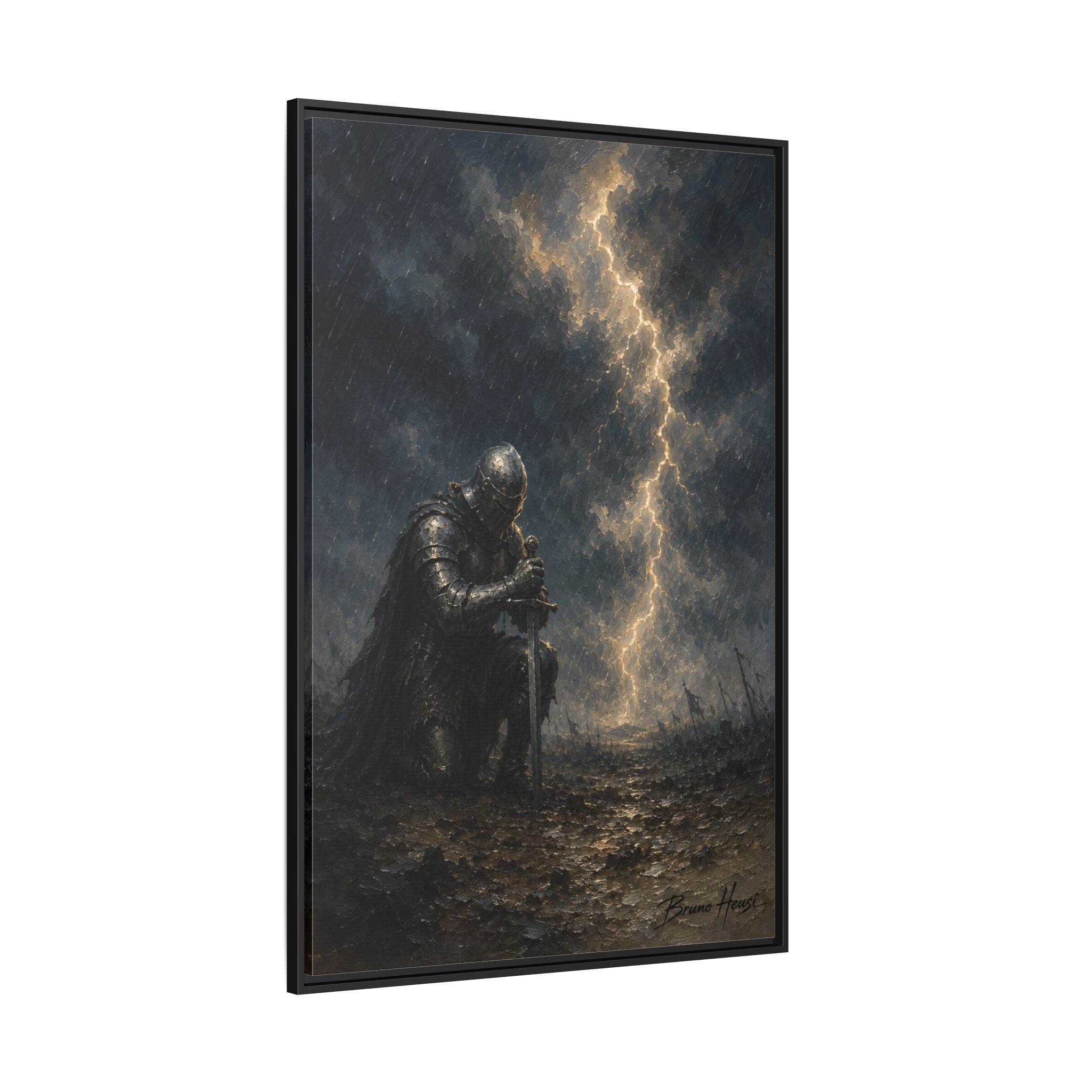 Knight in Thunderstorm Matte Framed Canvas — Dark Fantasy Wall Art