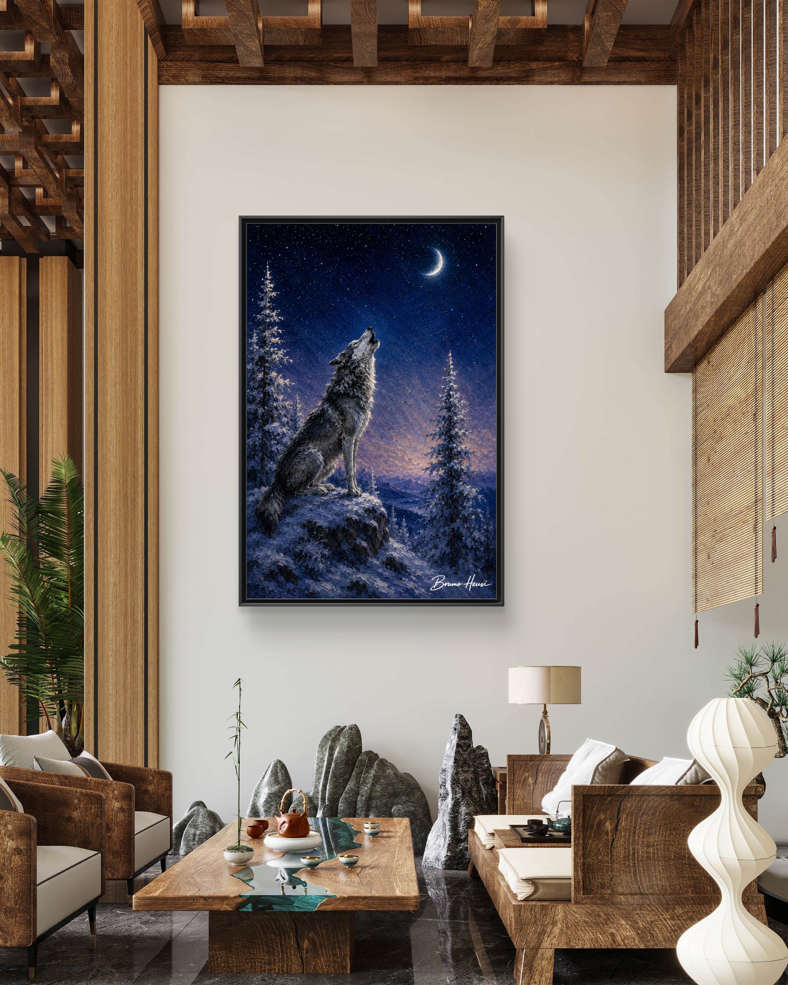 Howling Wolf Moon Framed Canvas Art - Matte Multi-Color Wilderness Print